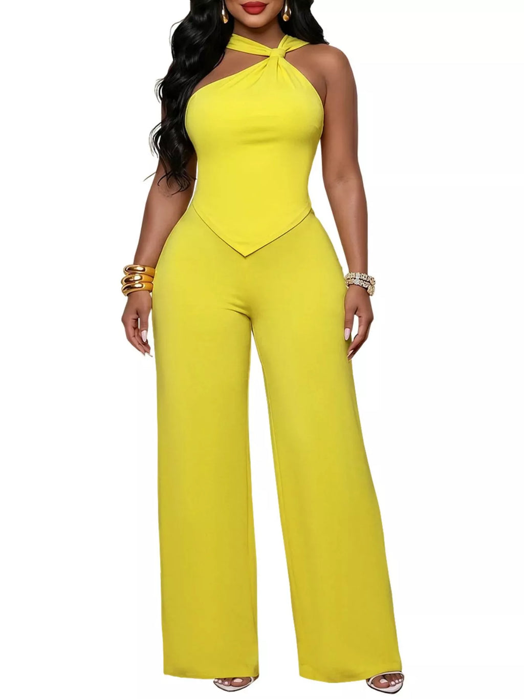Backless twist top and wide-leg pants set by Trendsi, featuring a stylish backless design and relaxed fit for casual wear.