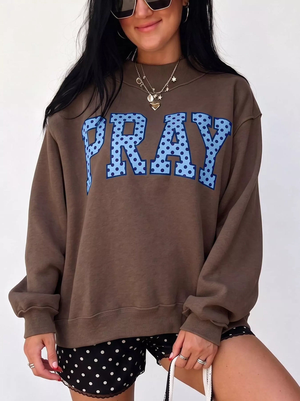 Dark brown PRAY polka dot embroidered mock neck sweatshirt