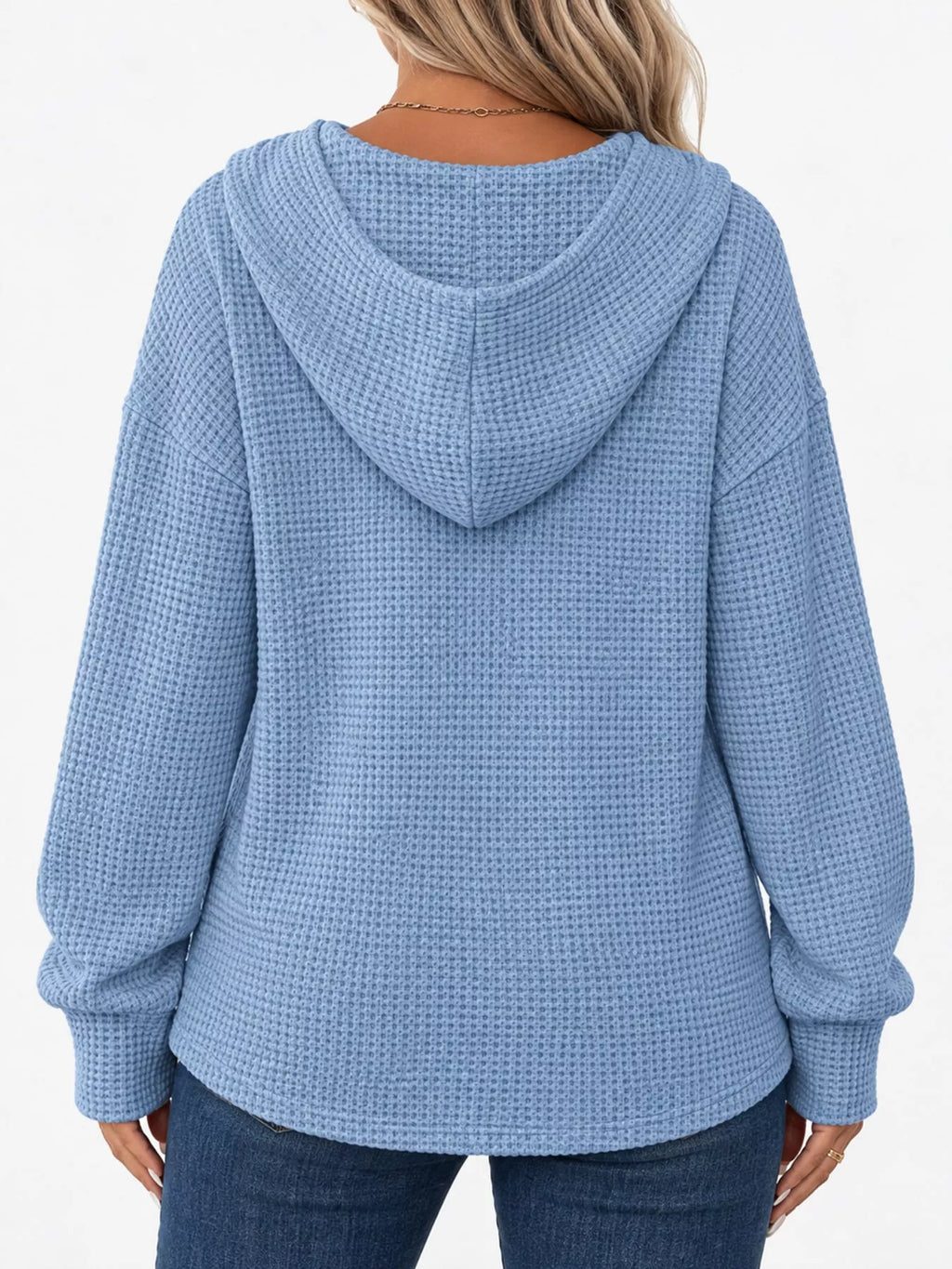 Plus size waffle knit half-button drawstring hoodie, view 69
