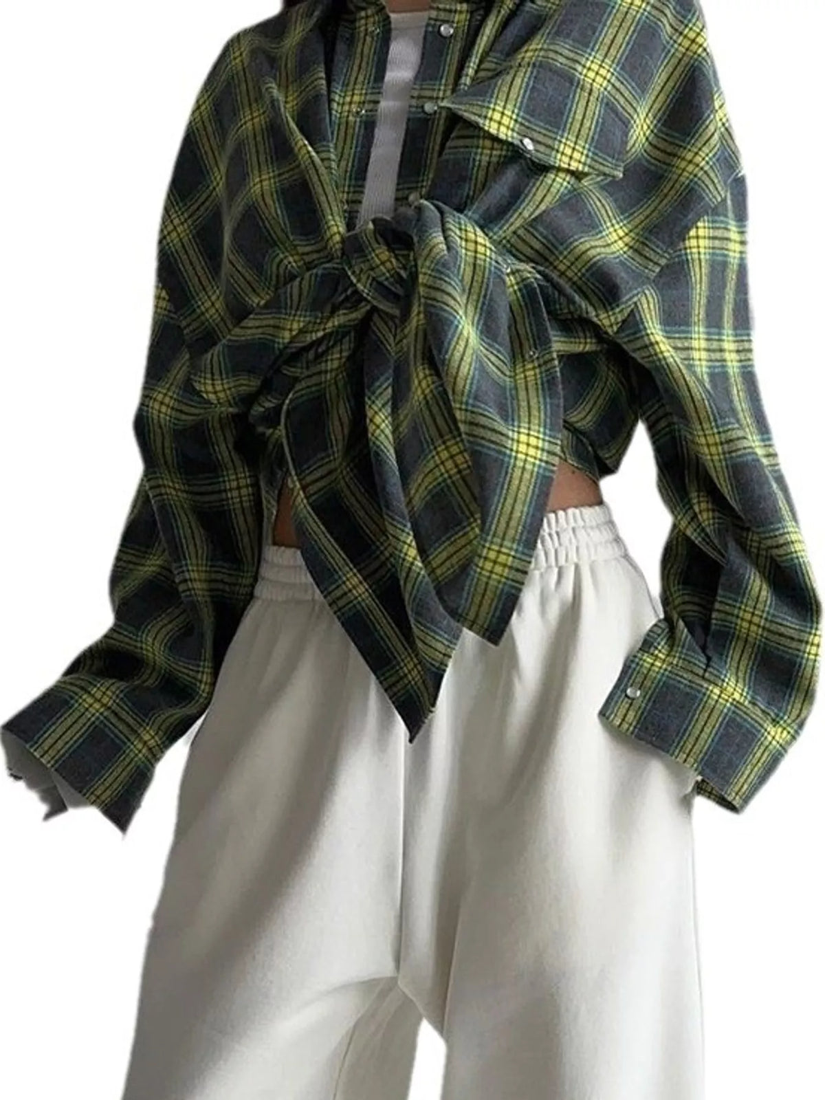 Trendsi plaid button-up shirt with long sleeves and classic collar, featuring a red and black checkered pattern.