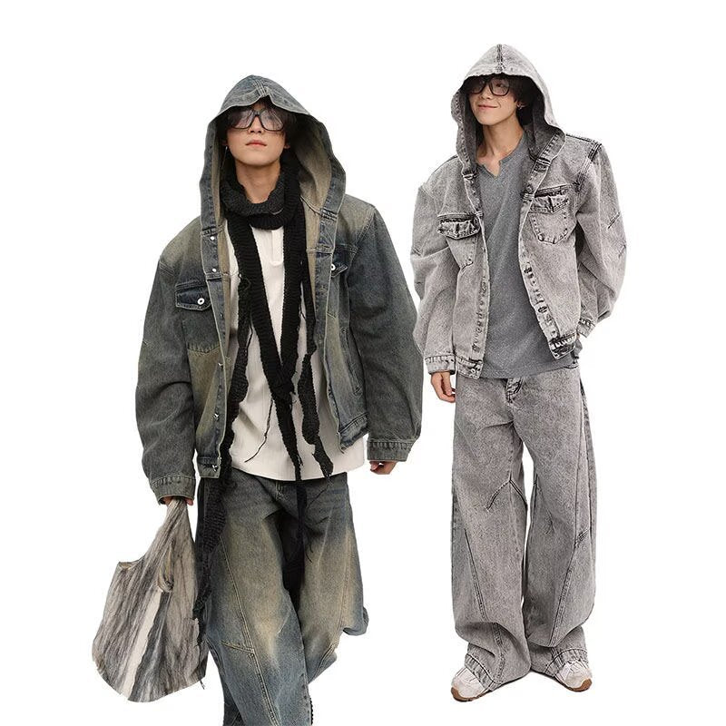 Retro washed distressed deconstruction niche hooded denim jacket top for teenagers