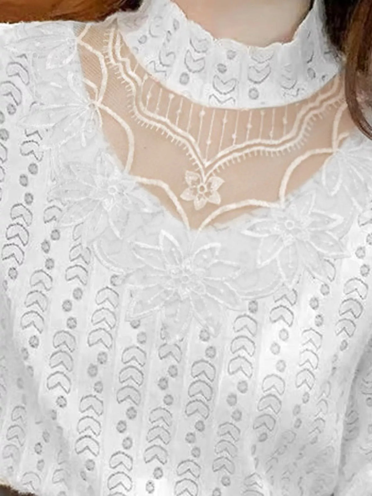 Plus size elegant mock neck lace blouse by Trendsi featuring sheer floral detailing and a full-size fit.