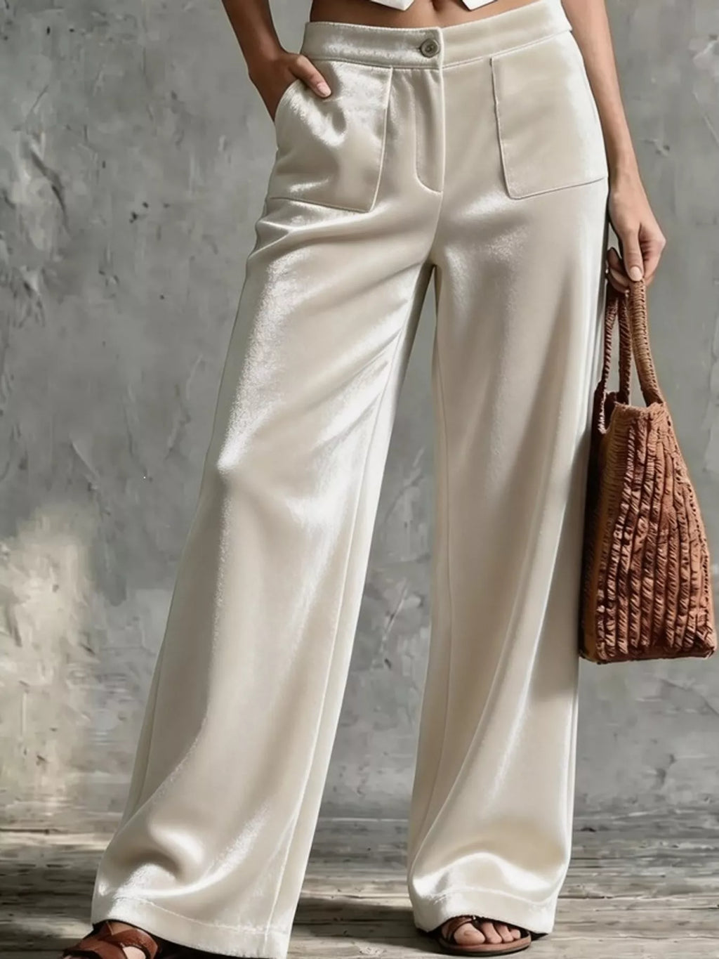 Full size high-waisted wide-leg velvet pants with pockets, plus size trendy fashion by Trendsi, shown on a model.