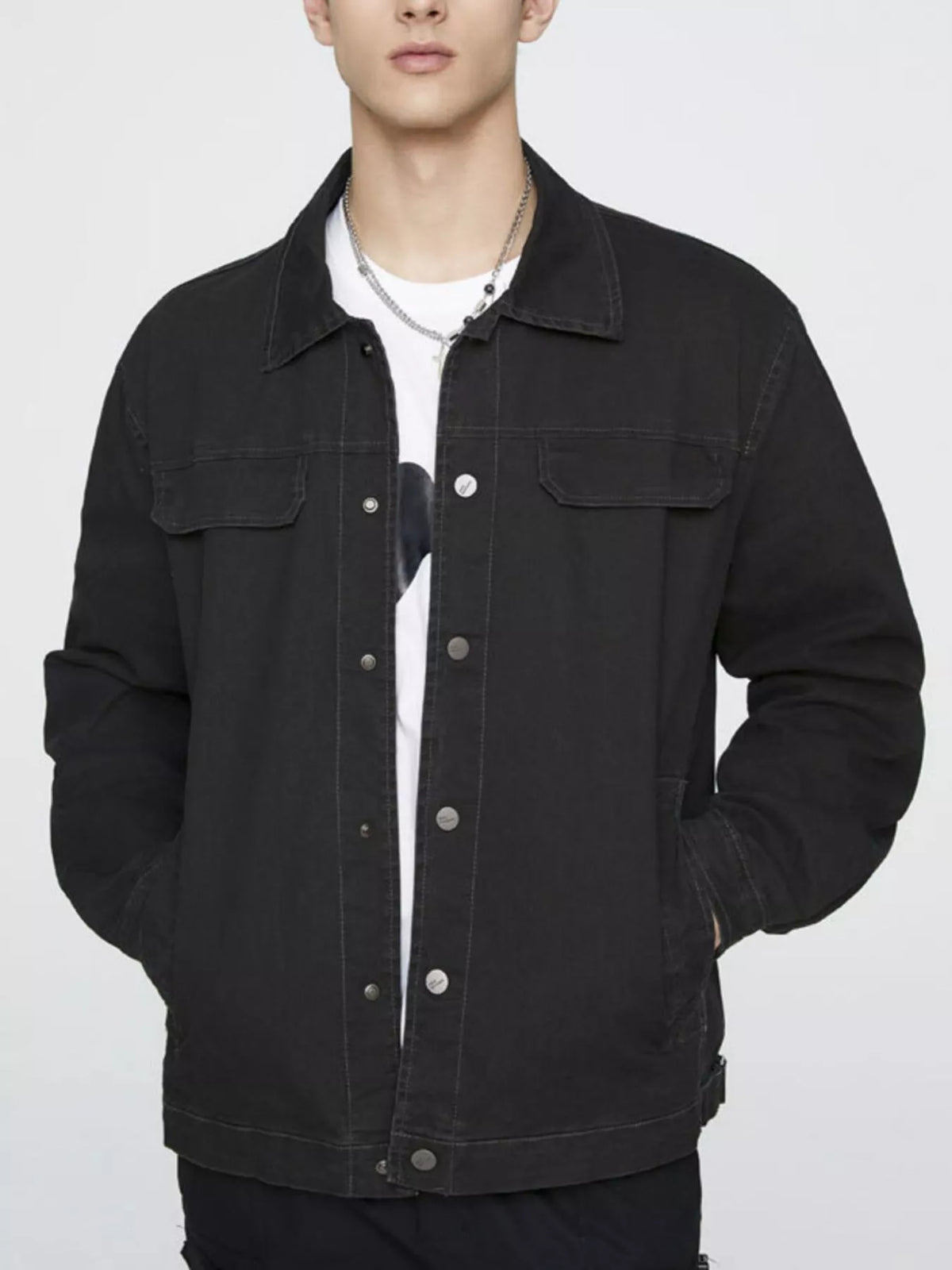Men's plus size cotton button-up jacket with pockets, view 2