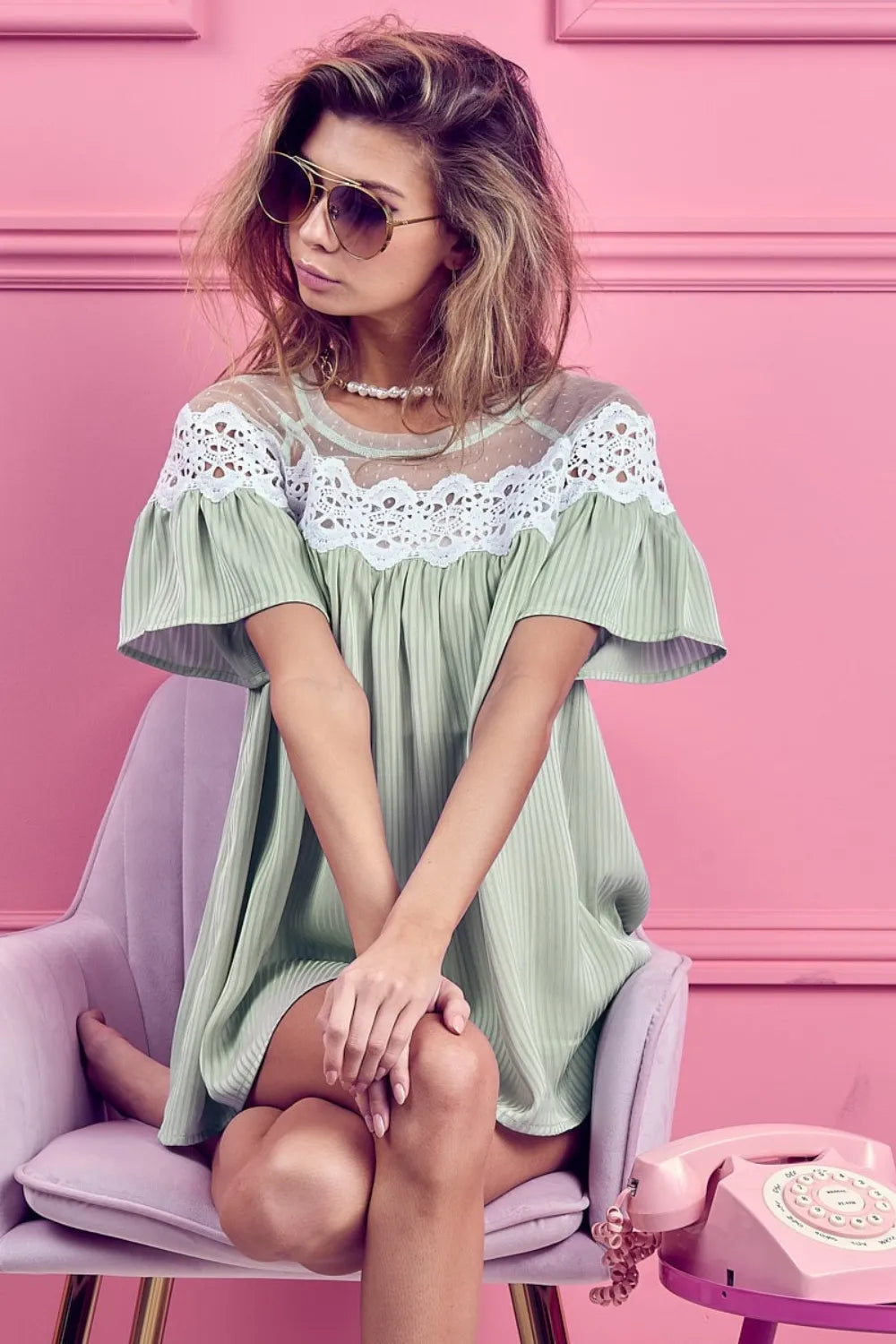 Striped blouse by Trendsi with lace detail on short sleeves, featuring a stylish, casual fit perfect for everyday wear.