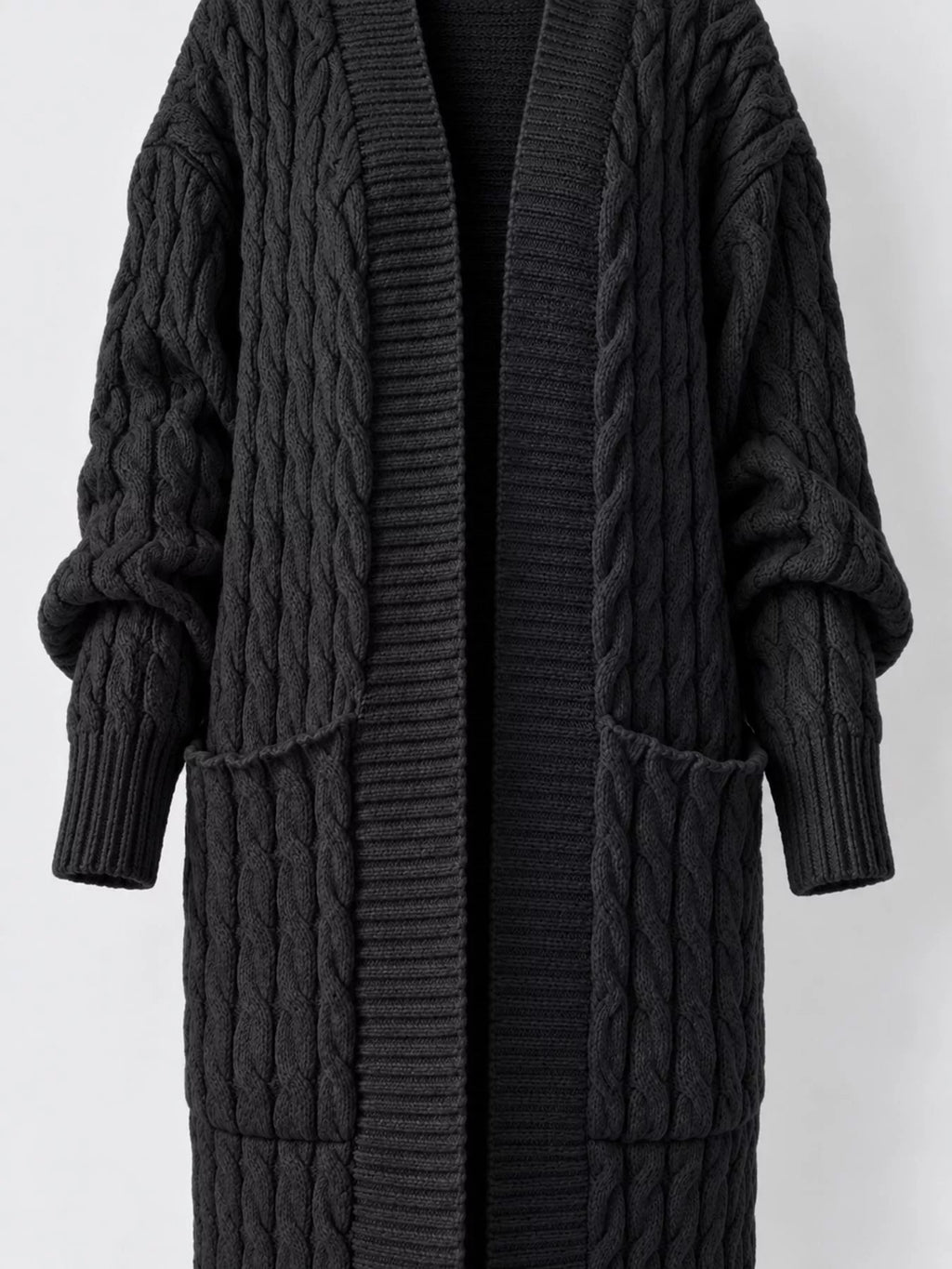 Cable knit longline open-front cardigan, view 11