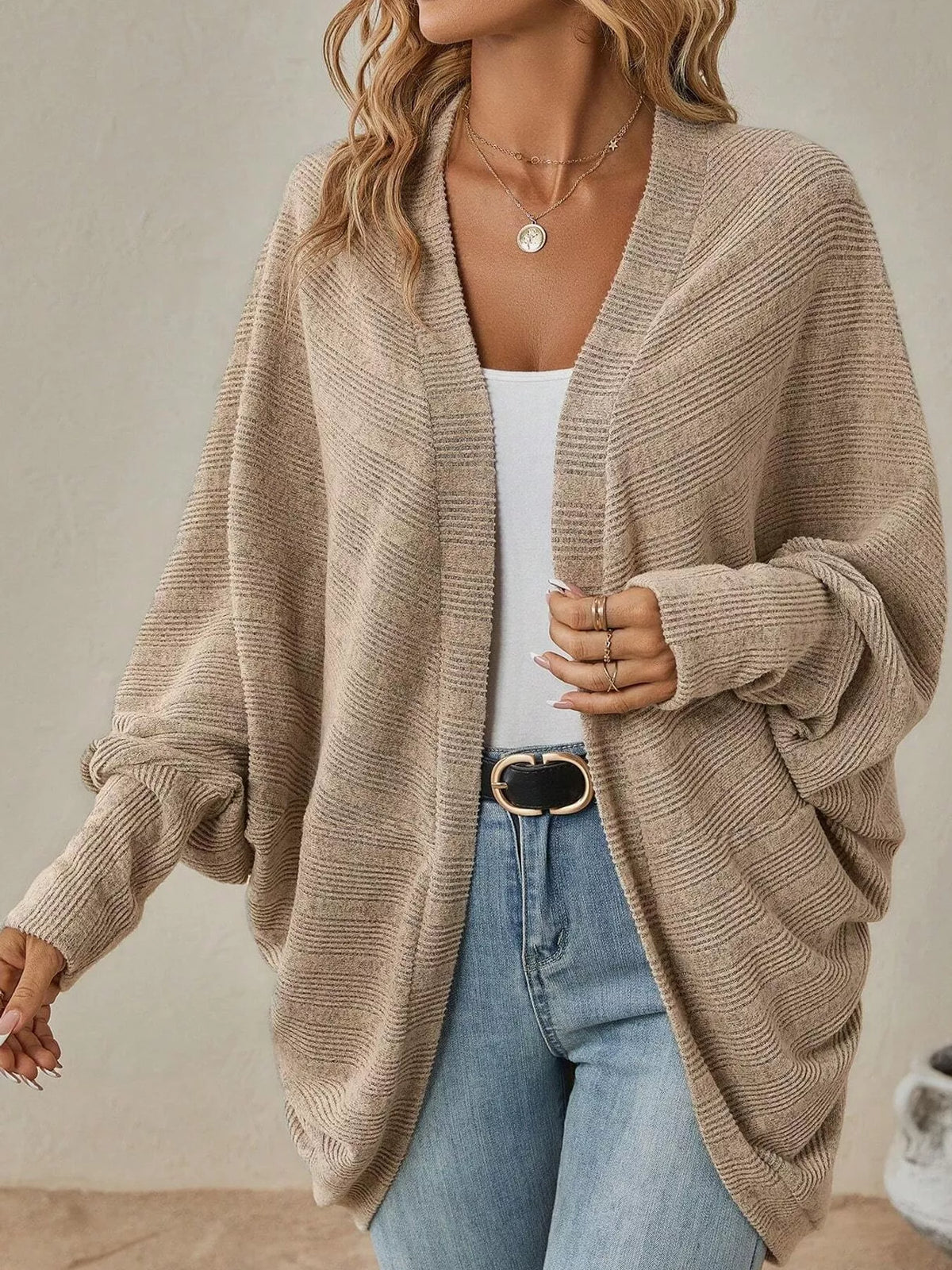 Open-front ribbed batwing sleeve cardigan, view 23