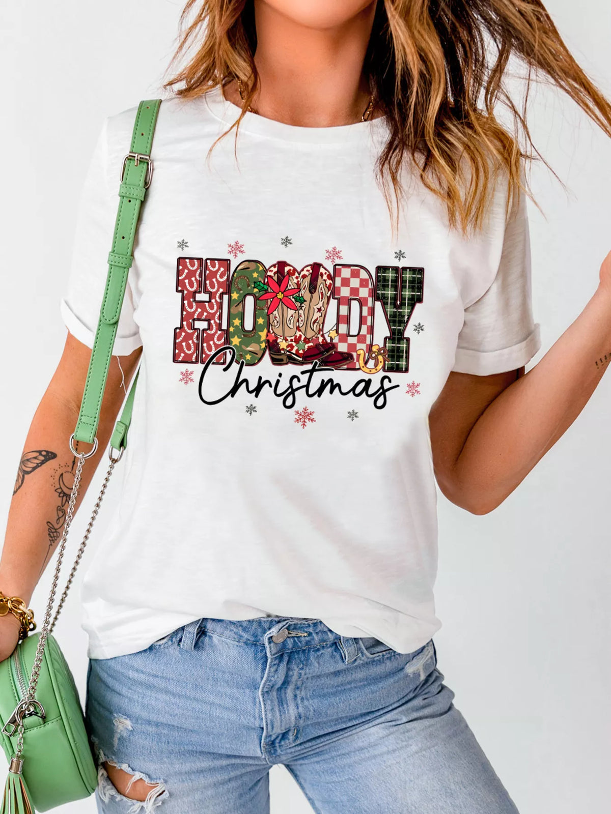 White crew neck T-shirt with HOWDY Christmas print, view 2
