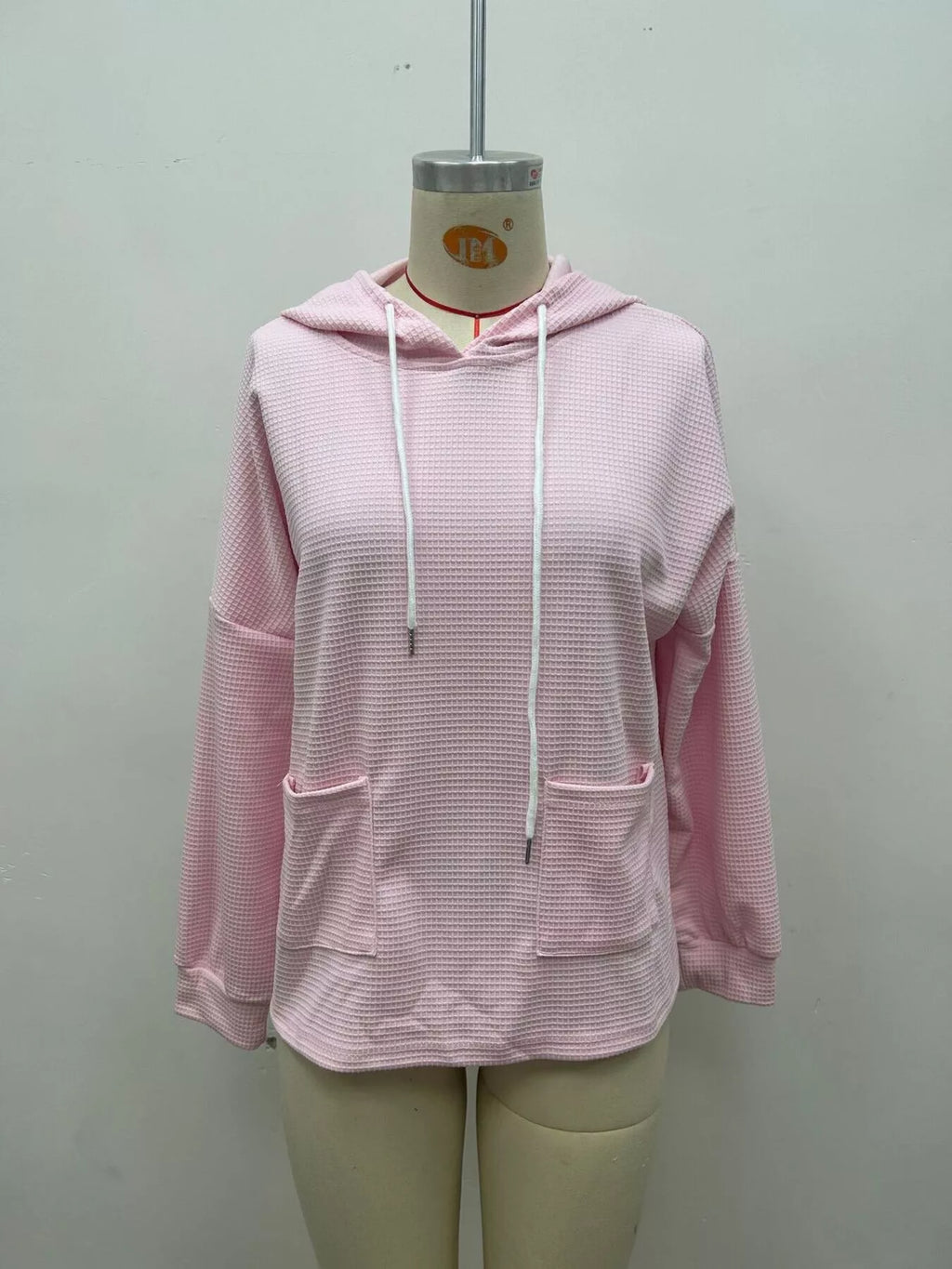 Plus size waffle knit long sleeve drawstring hoodie, view 5