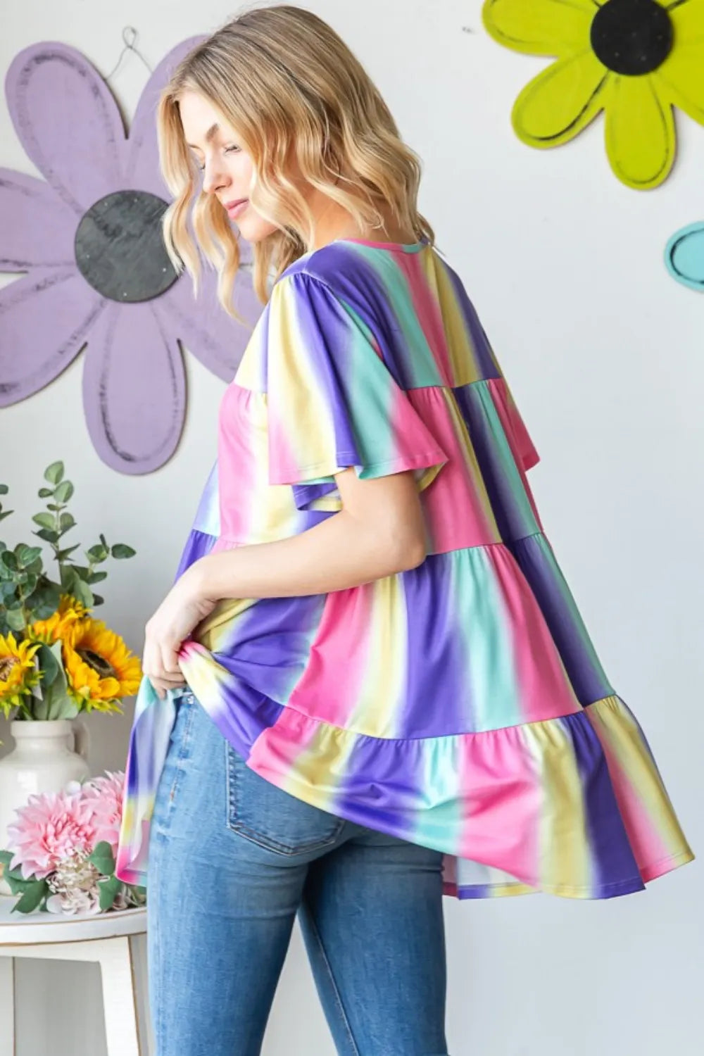 Heimish full size short sleeve striped tiered top with horizontal pattern, casual summer style, from Trendsi.