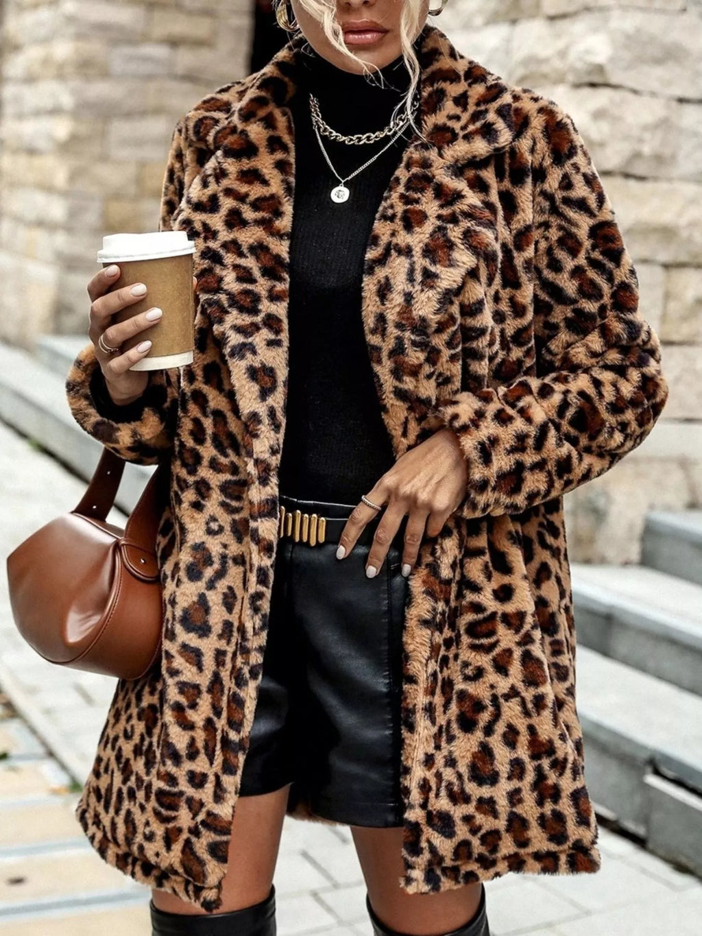 Gold leopard print faux fur longline coat, view 2