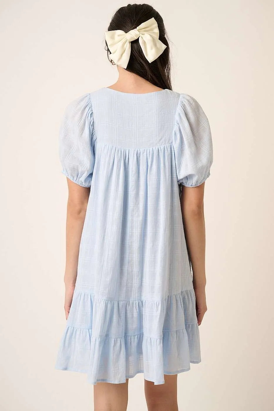 Mittoshop tassel tie plaid gauze mini dress with short sleeves, featuring a stylish, lightweight design and trendy tassel details.