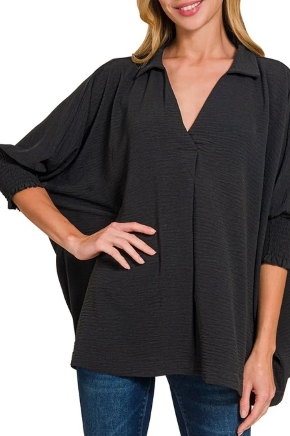 Zenana airflow collar tee with smocked sleeve band, lightweight casual top in soft fabric, stylish and comfortable for daily wear.