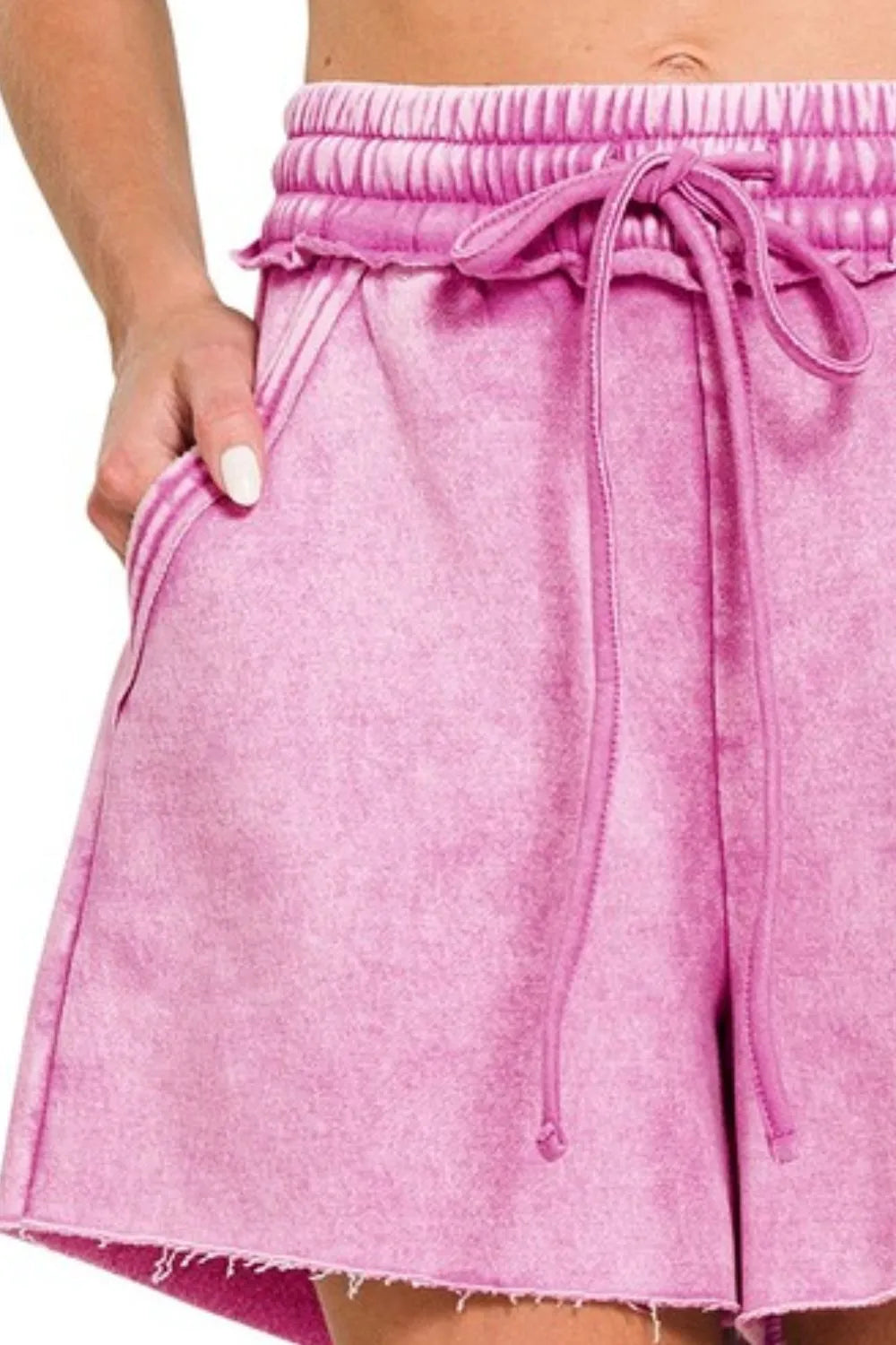 Zenana acid wash fleece drawstring shorts with pockets, casual summer shorts in soft, comfortable fabric.