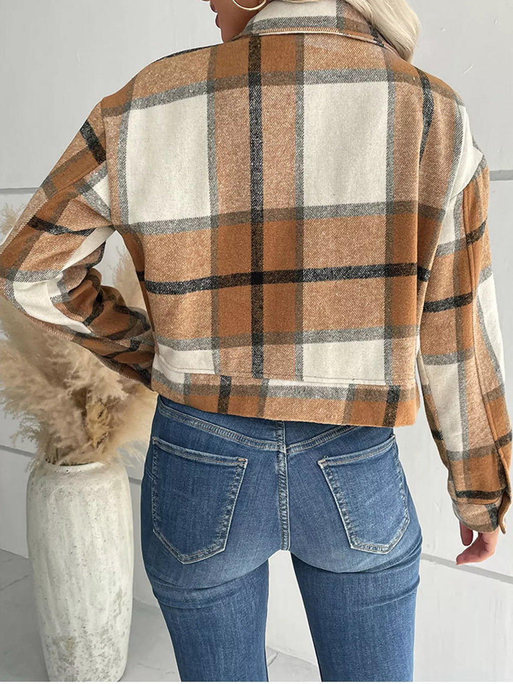 Plaid button-front cropped jacket, view 16