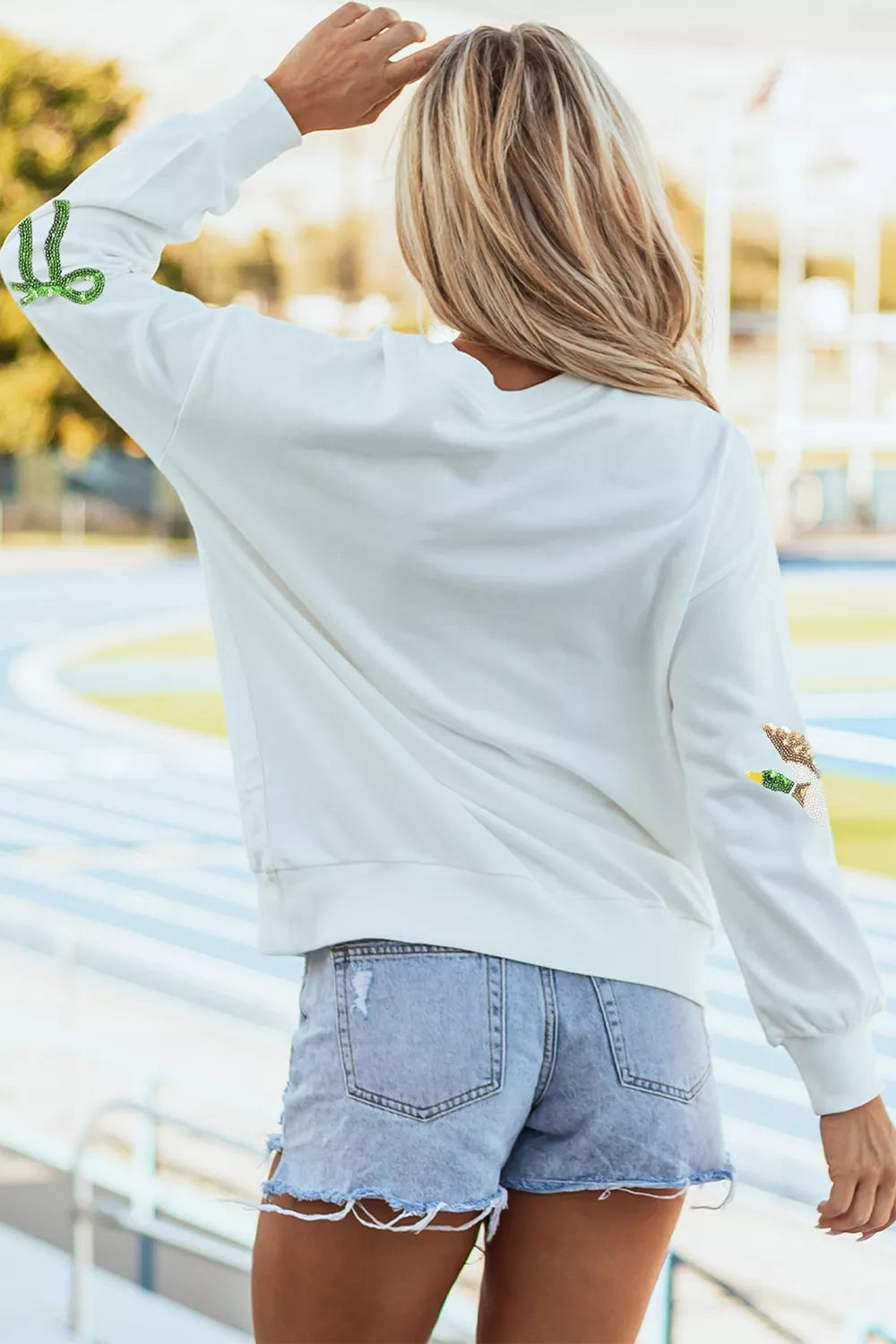 White sequin mallard bow crewneck sweatshirt, view 6