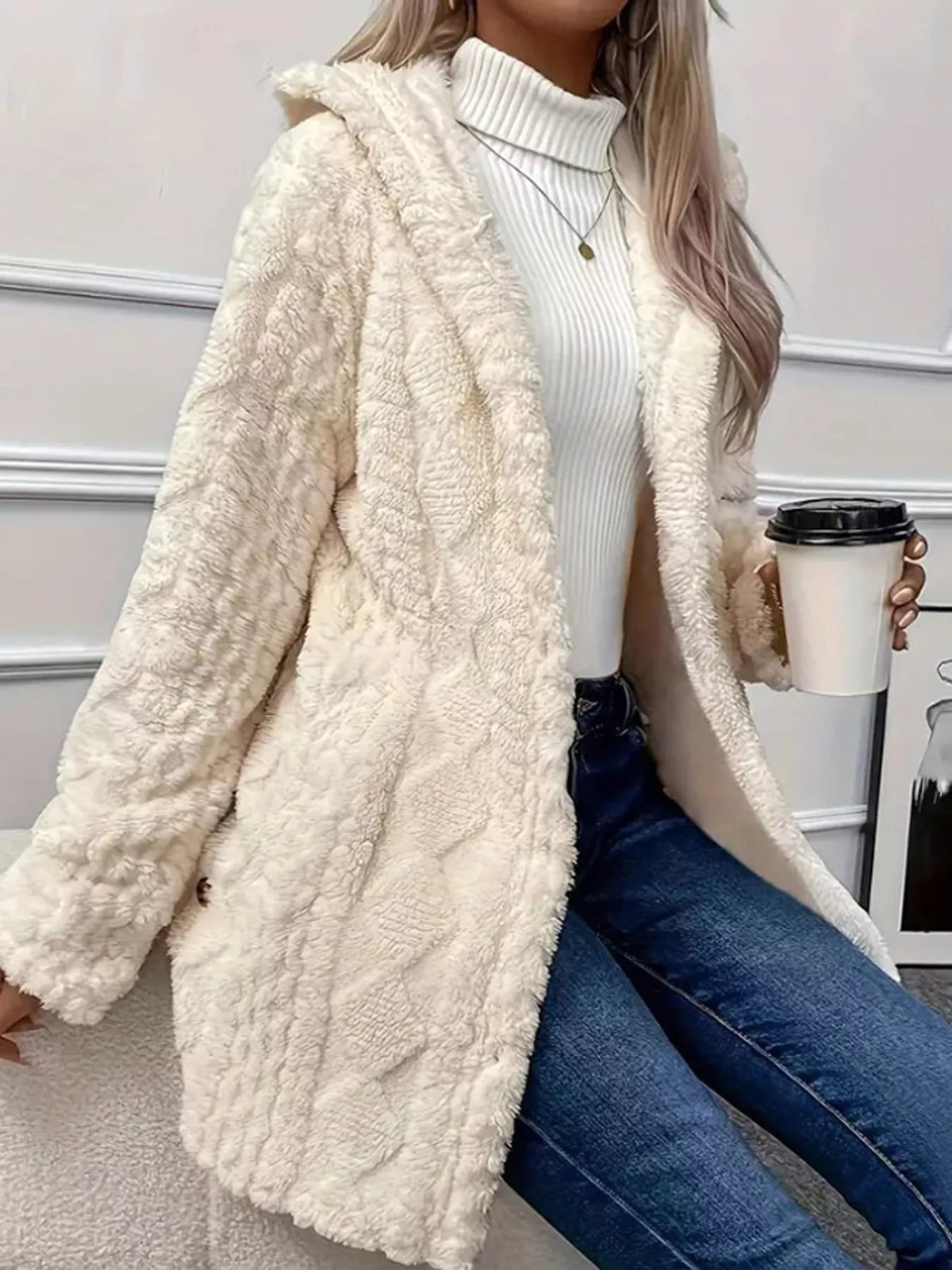 Plus size cozy cable-knit faux fur hooded outerwear by Trendsi, featuring a full-size, warm, and stylish outer layer with a hood.