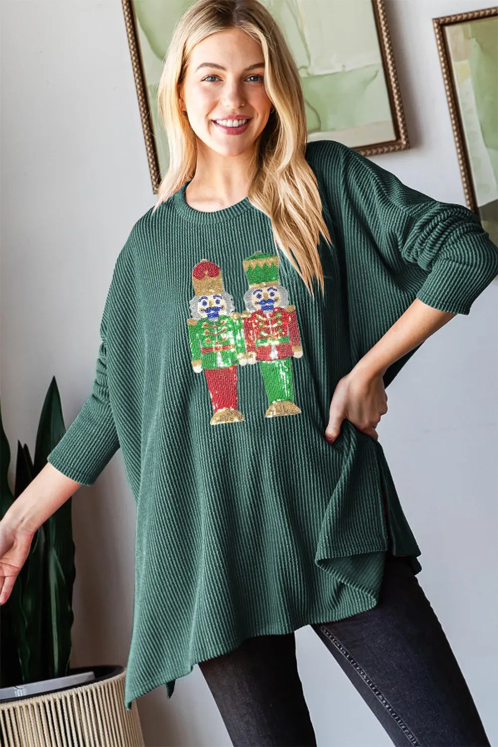 Hunter green long sleeve ribbed top with sequin nutcracker