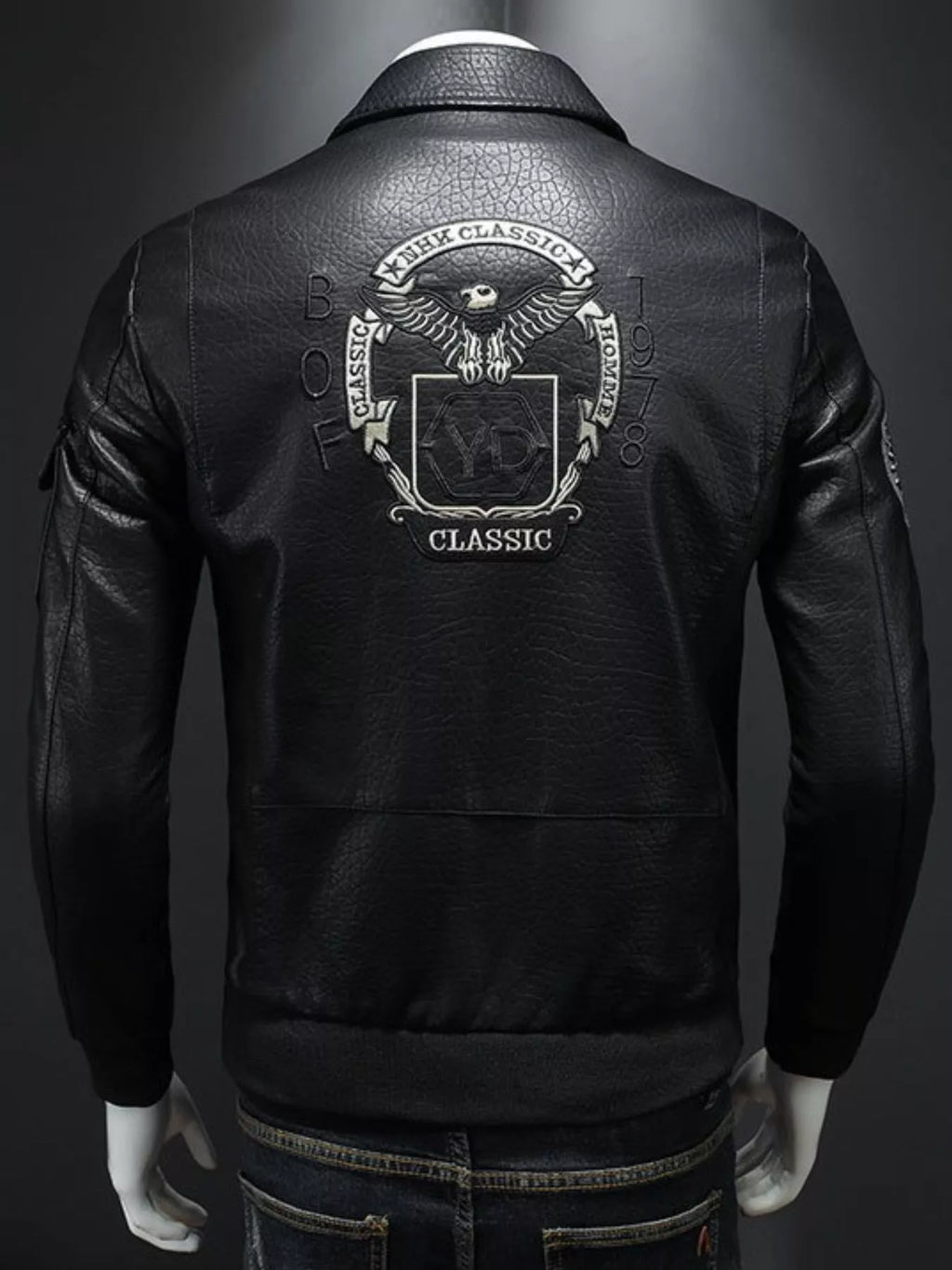 Men's black plus size zip-up bomber jacket, view 3