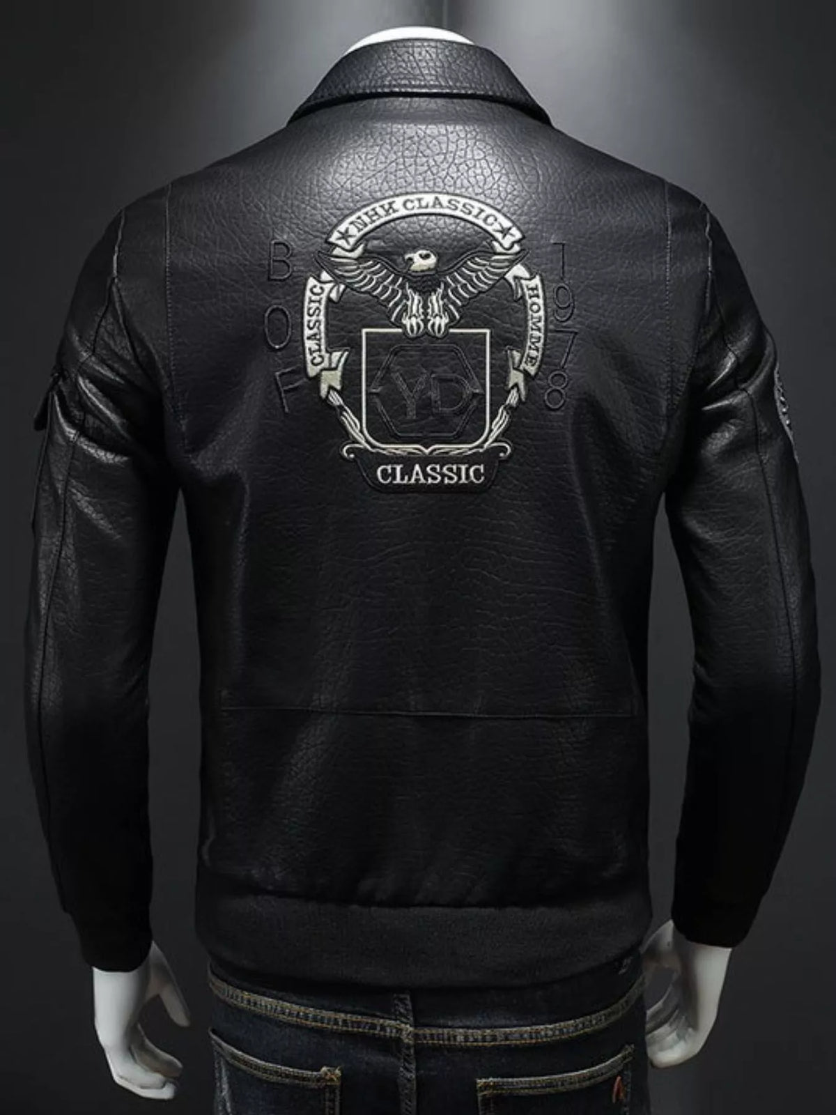 Men's black plus size zip-up bomber jacket, view 3