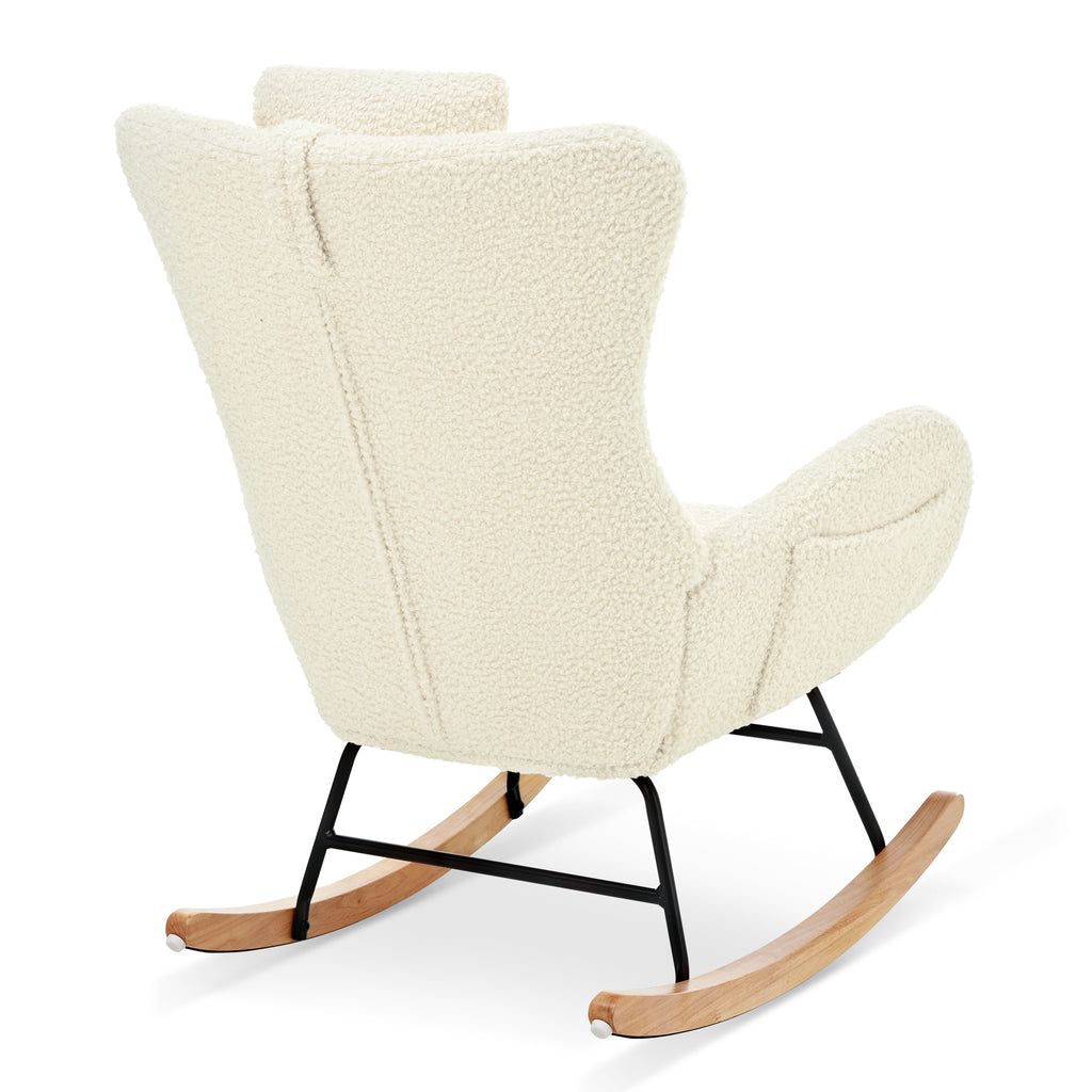 Beige Upholstered Rocking Chair with Adjustable Headrest & Side Pocket