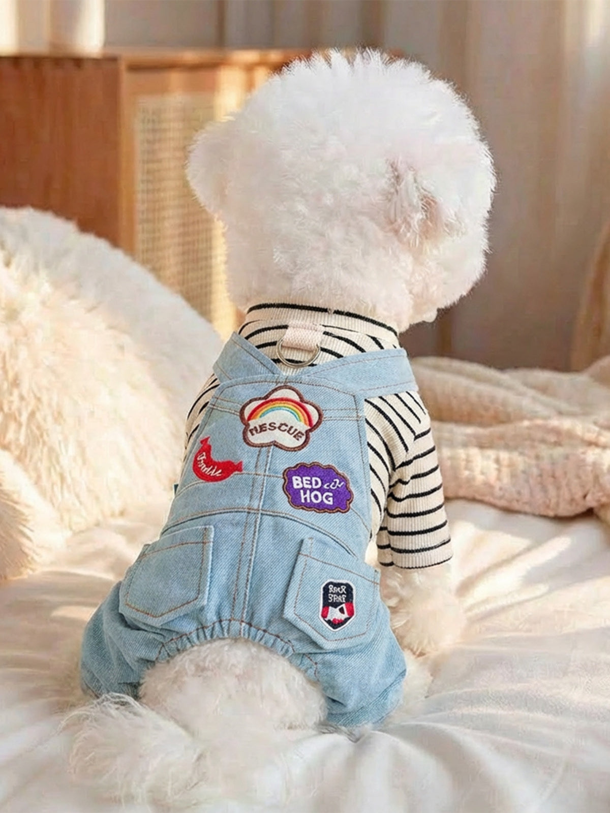Denim patchwork pet jumpsuit by Trendsi, featuring a stylish blue denim design with patch details for small dogs or cats.