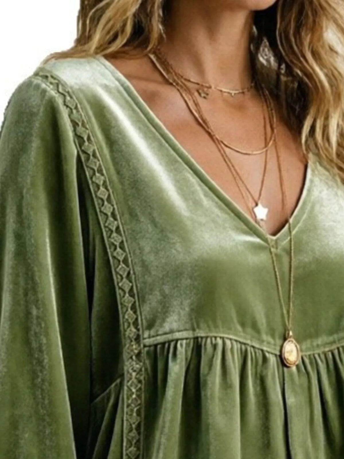 Plus size velvet V-neck long sleeve blouse with lace trim, stylish and comfortable, by Trendsi, shown in deep jewel tone.