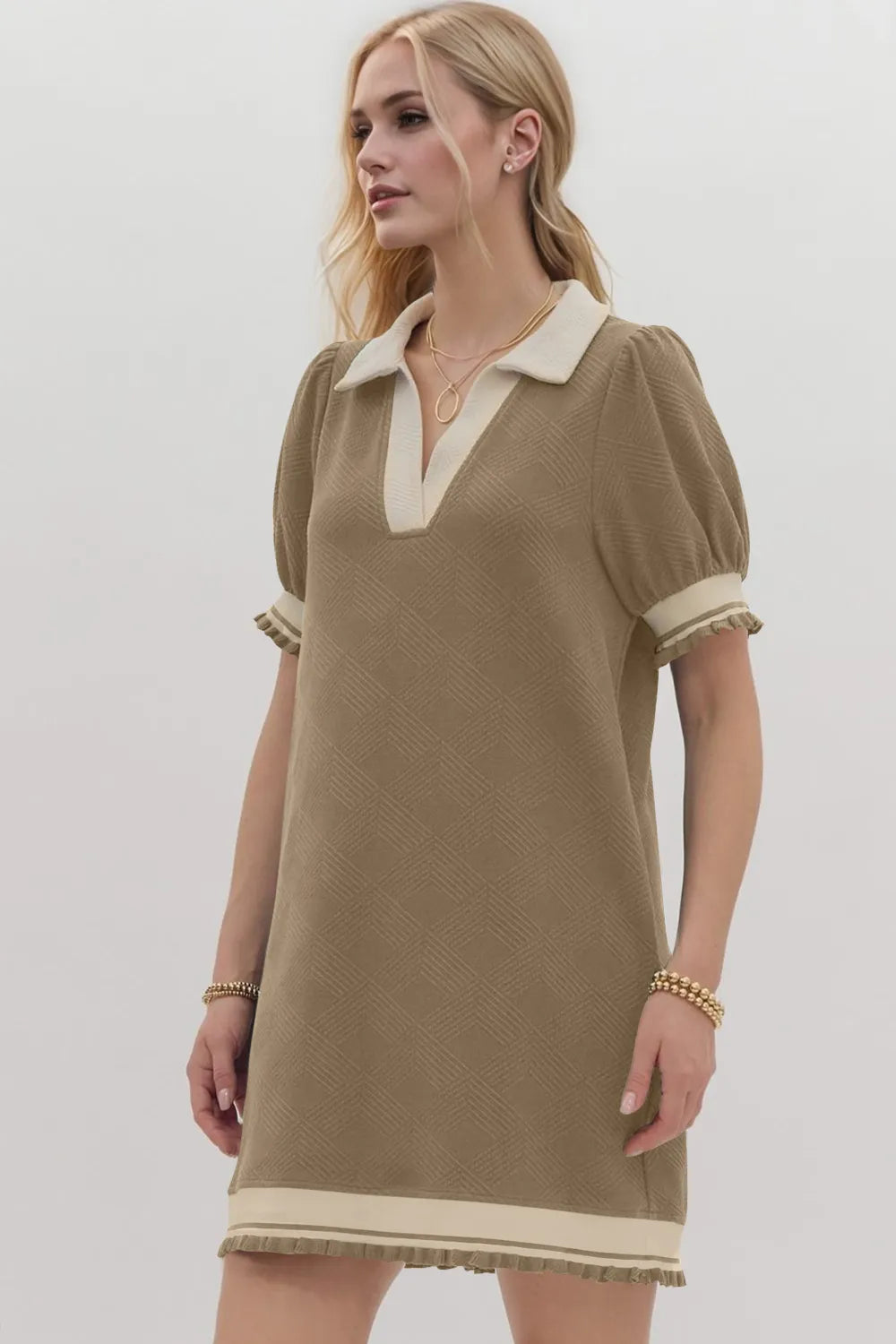 Oh Frill contrast trim Johnny collar short sleeve mini dress by Trendsi, featuring a stylish contrast trim and classic collar detail.