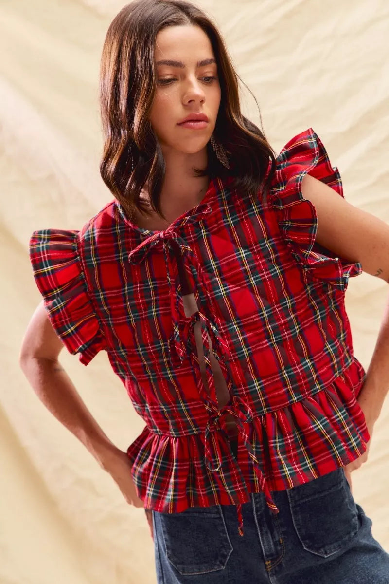 Red plaid ruffled quilted Christmas vest top, view 13