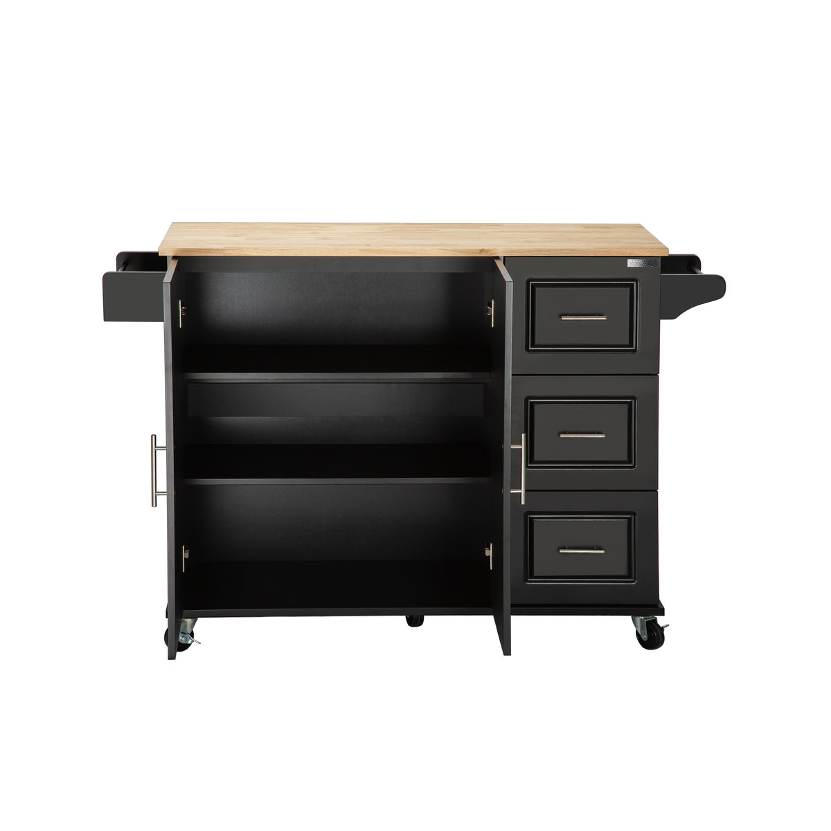 Black Rolling Kitchen Island with Extendable Rubber-Wood Top