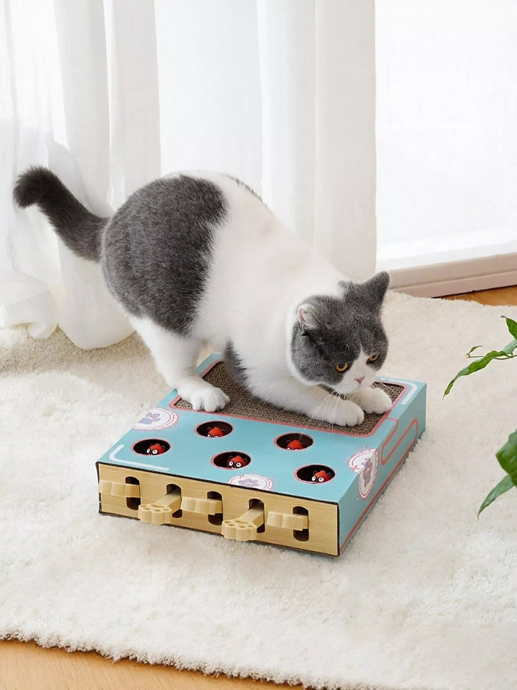 Interactive Whack-A-Mole cat toy box from Trendsi featuring colorful moles and a playful design for feline entertainment.