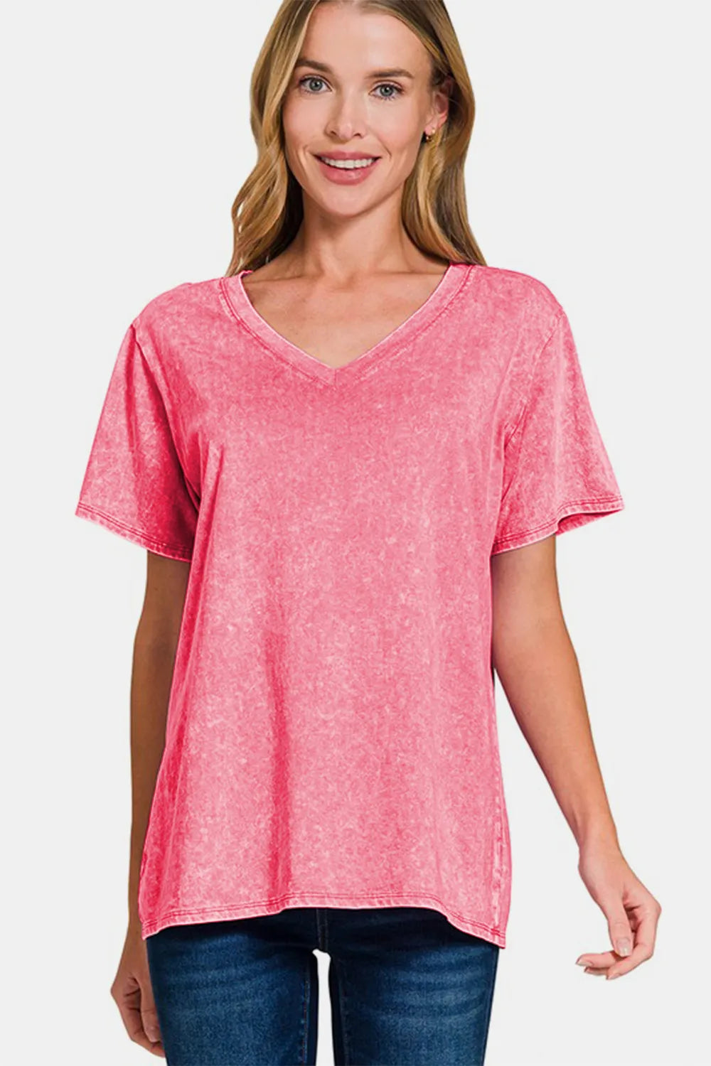 Zenana washed short sleeve V-neck T-shirt in black, casual fit, lightweight cotton fabric, displayed on a hanger.