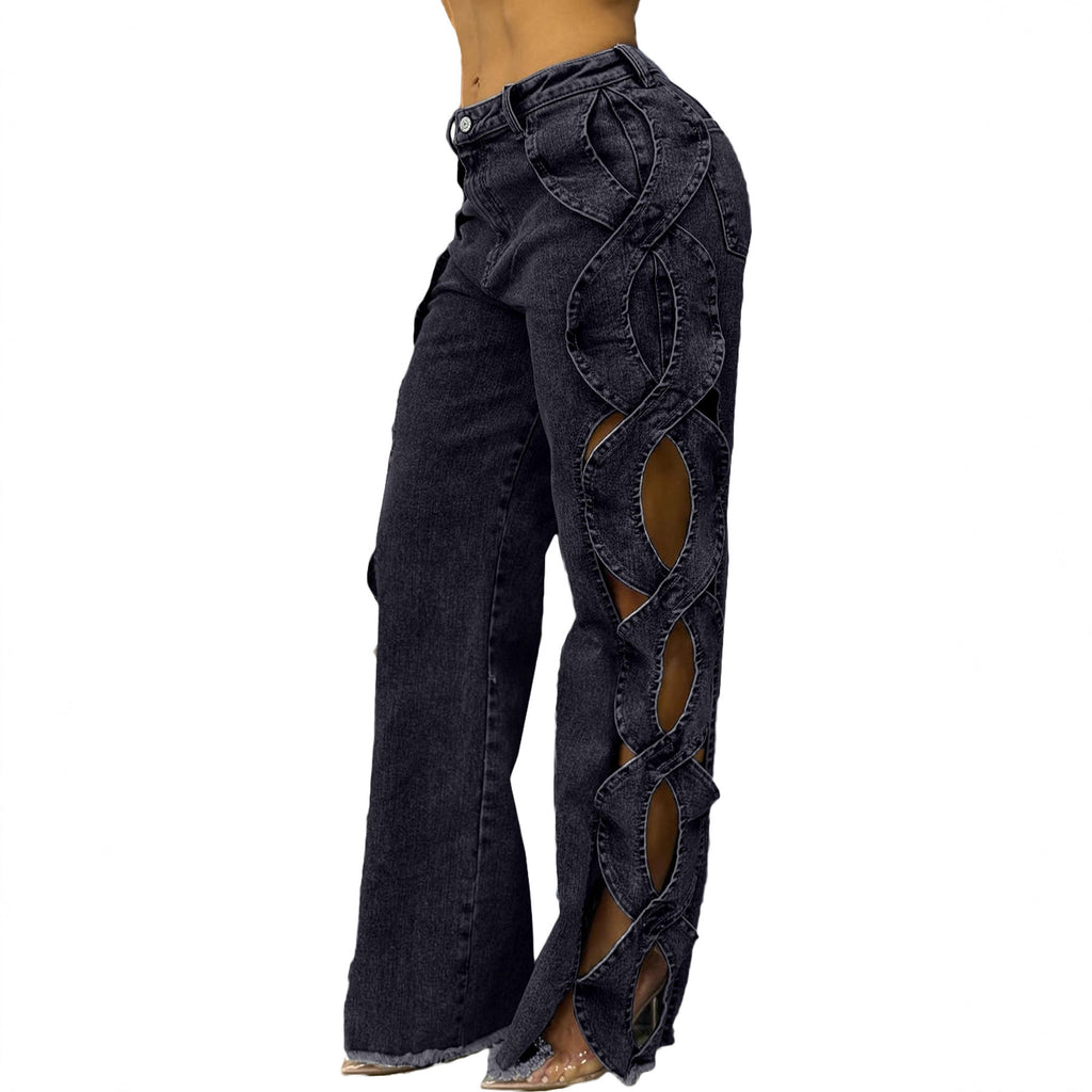 Spring Summer Women's Fashion Side Cut-out S-line Denim Patchwork Pants