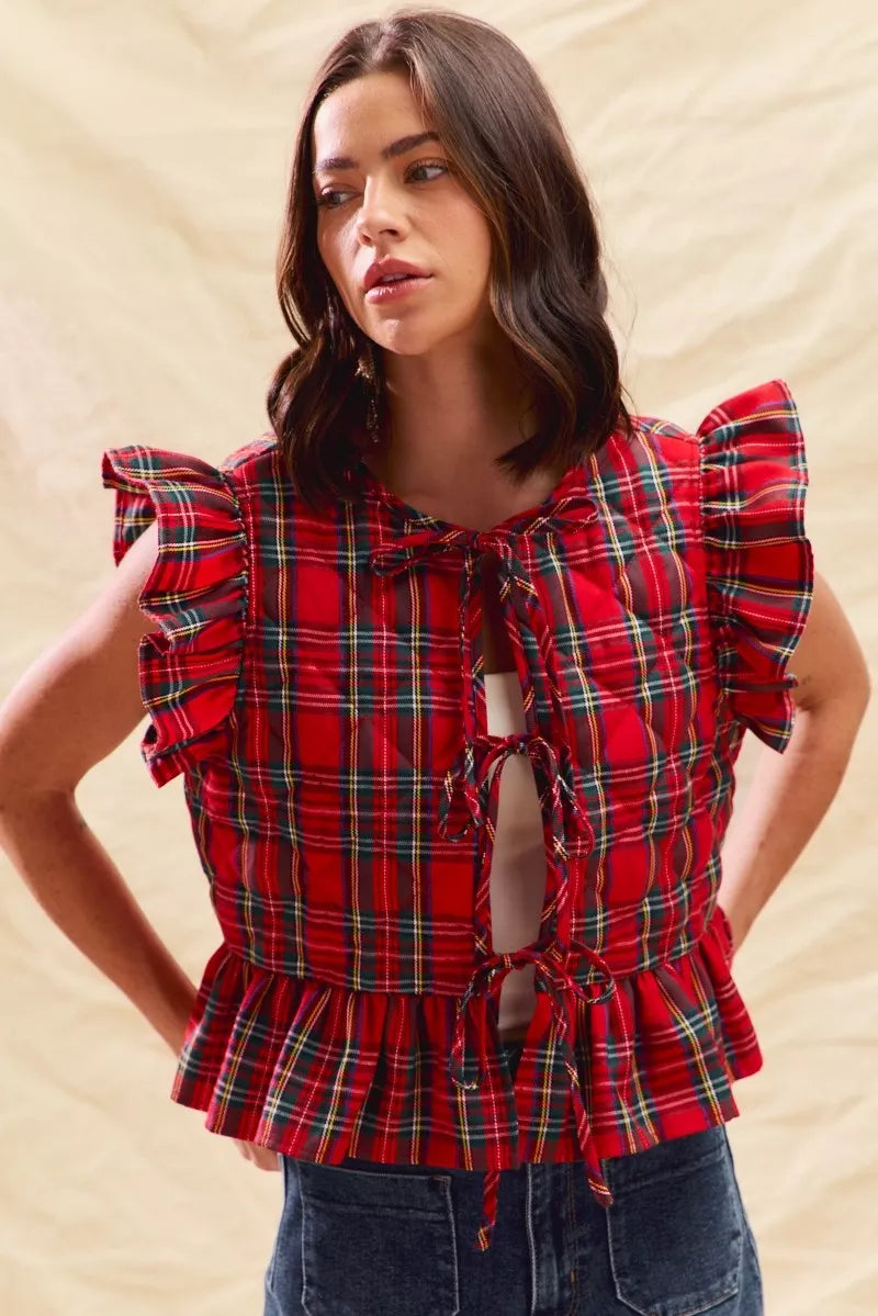 Red plaid ruffled quilted Christmas vest top