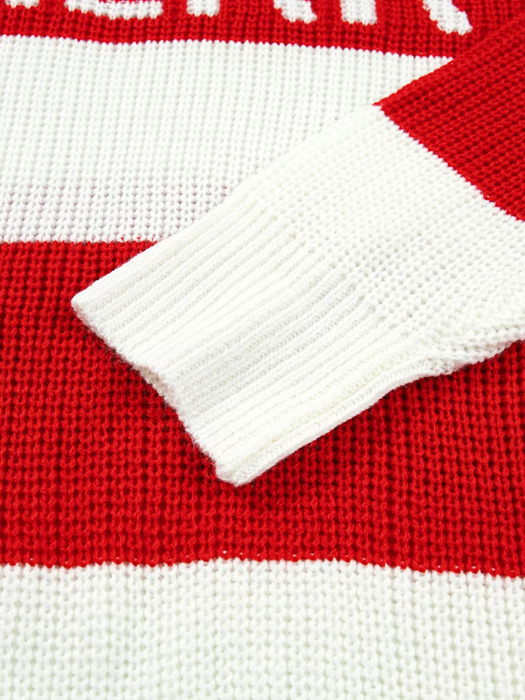 Scarlet striped MERRY Christmas sweater with drop shoulders, view 15