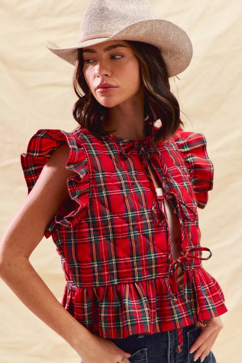 Red plaid ruffled quilted Christmas vest top, view 8