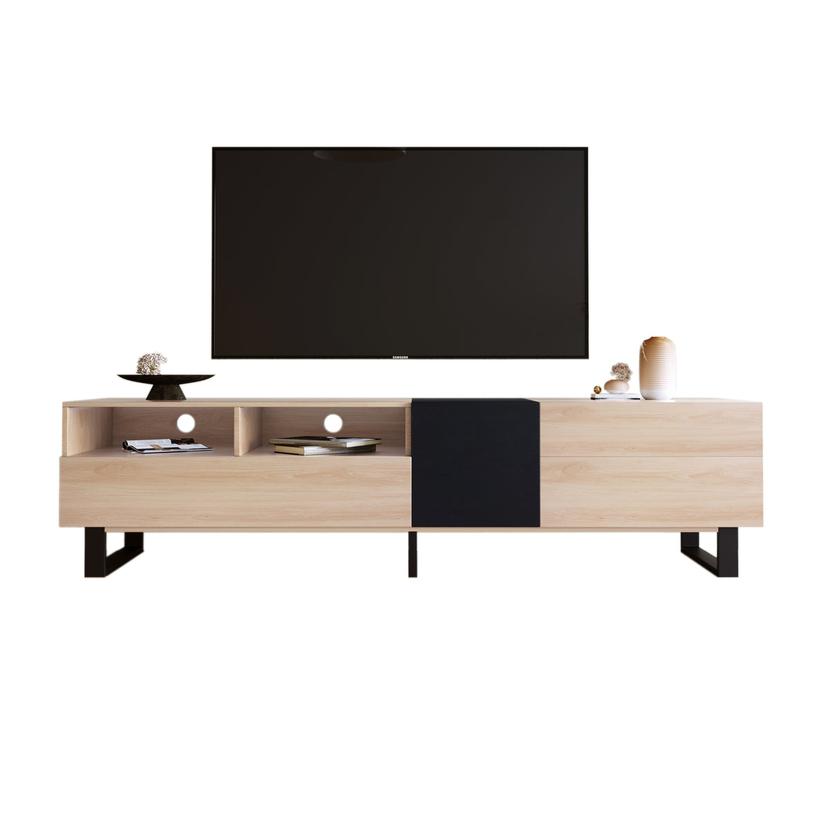 70.9-Inch Natural-Wood Modern TV Stand with Drawers & Drop-Down Storage