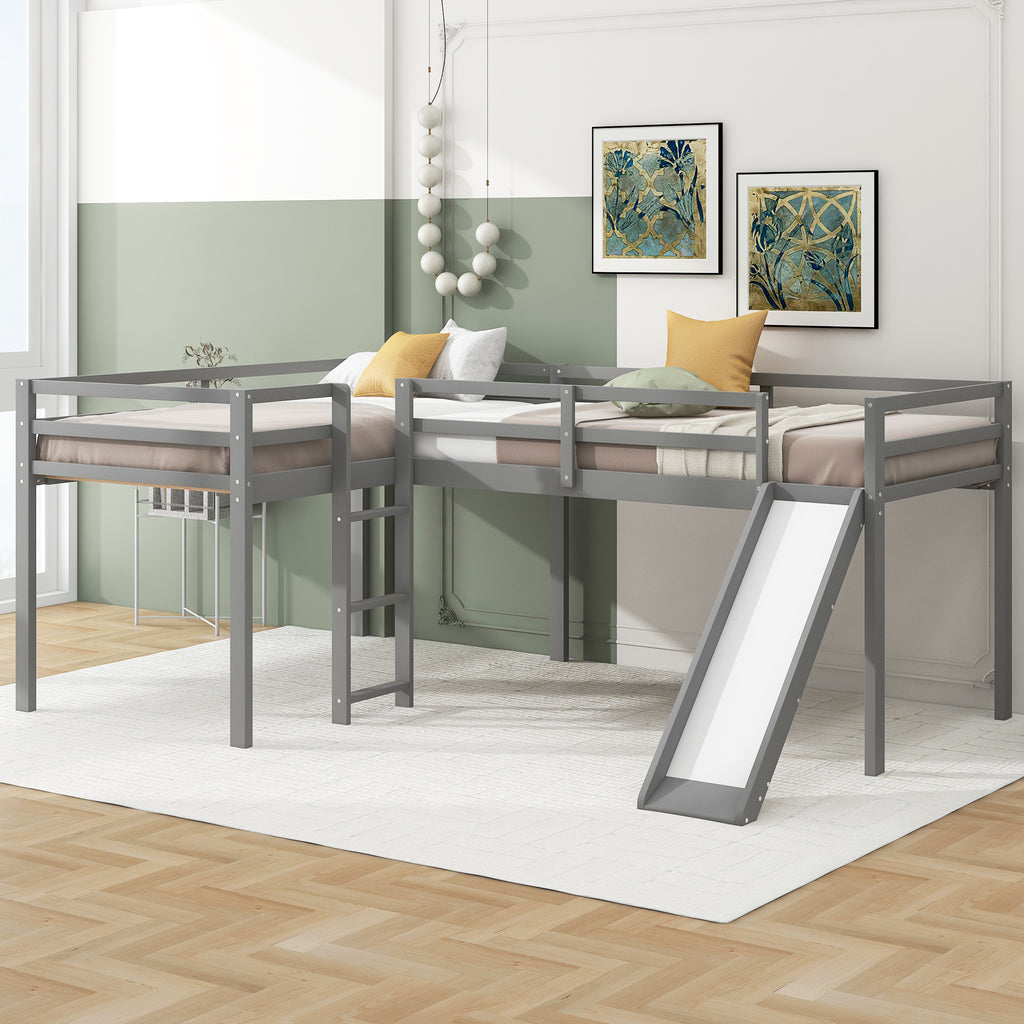 L-Shaped Twin Loft Bed with Ladder & Slide – Gray