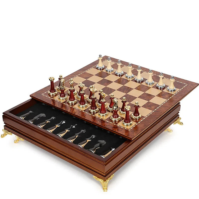 Metal & Solid Wood Tabletop Chess Set