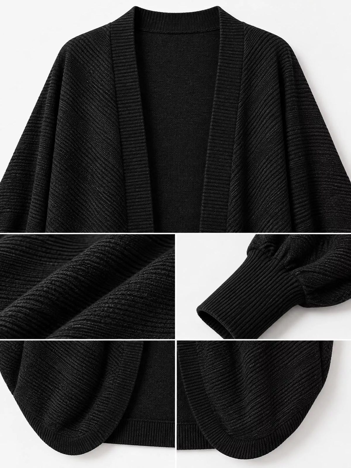 Open-front ribbed batwing sleeve cardigan, view 7