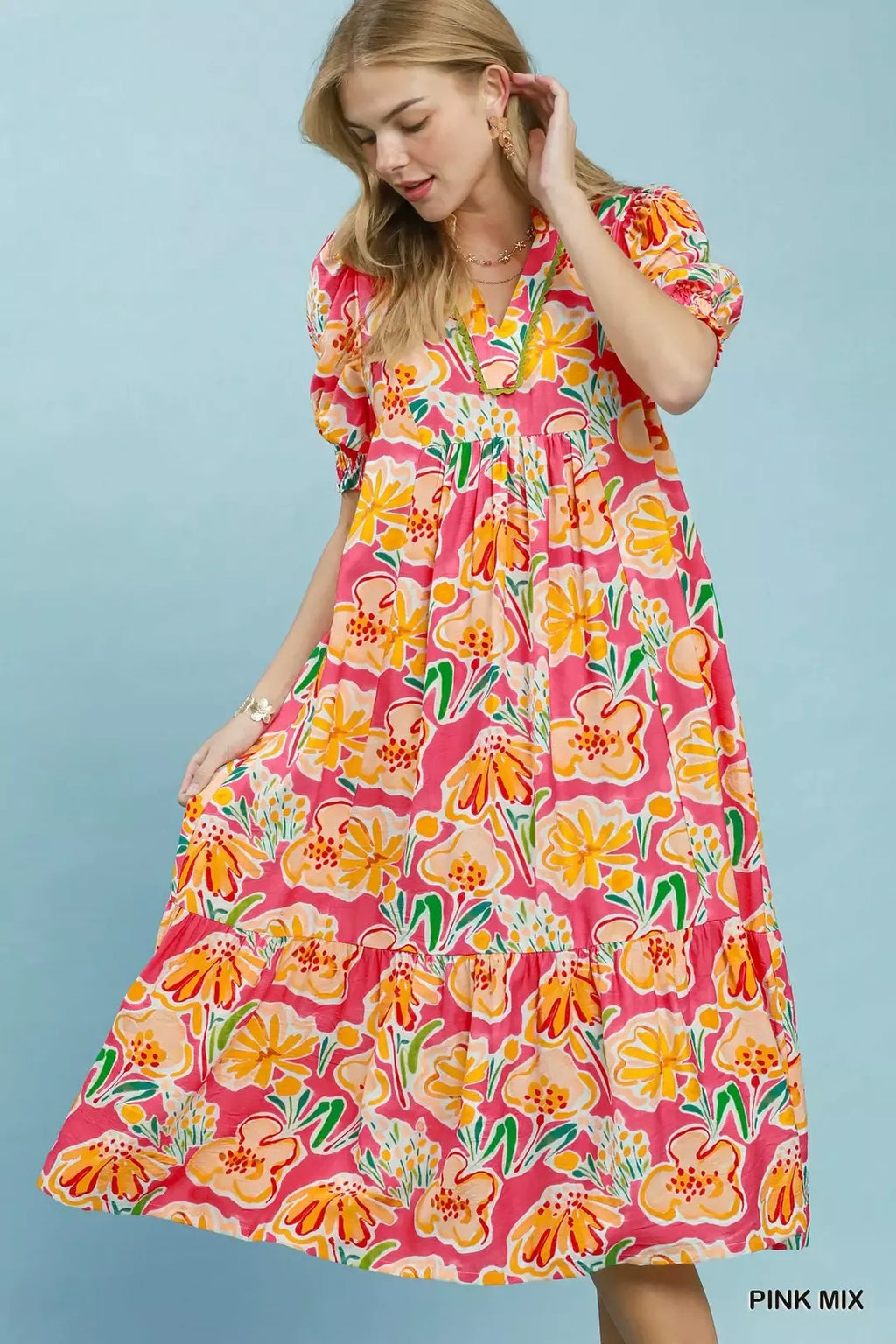 Umgee floral print puff sleeve tiered midi dress with a feminine, flowy design and tiered skirt, perfect for spring and summer wear.