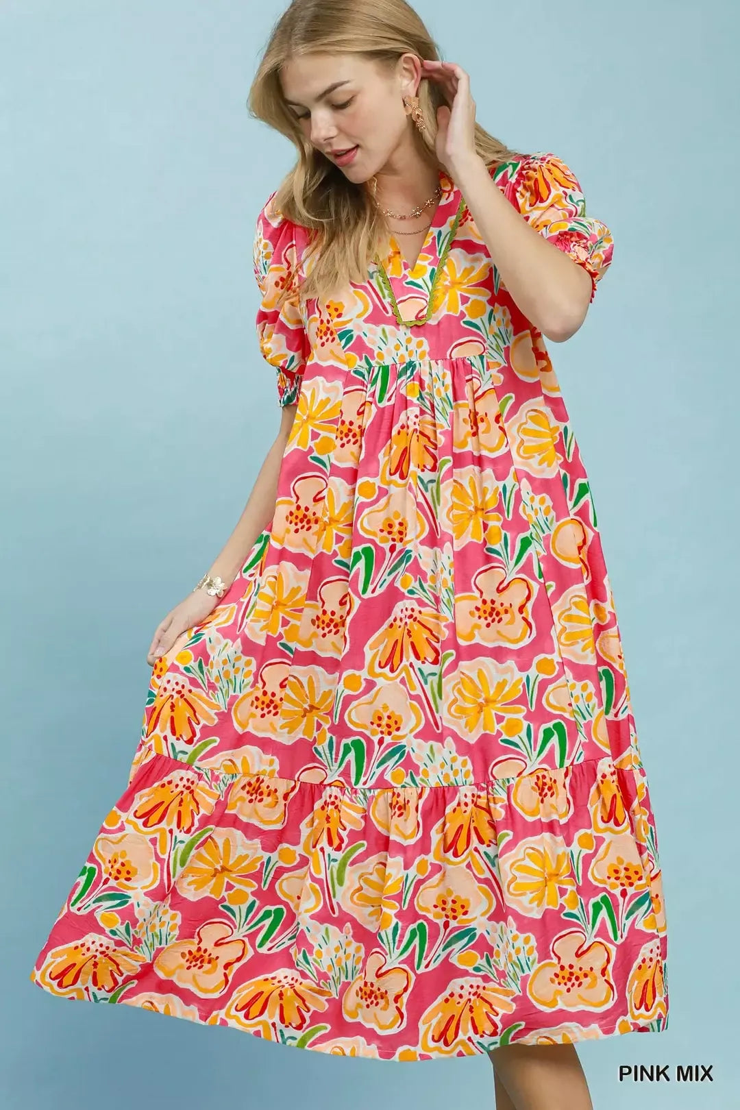 Umgee floral print puff sleeve tiered midi dress with a feminine, flowy design and tiered skirt, perfect for spring and summer wear.