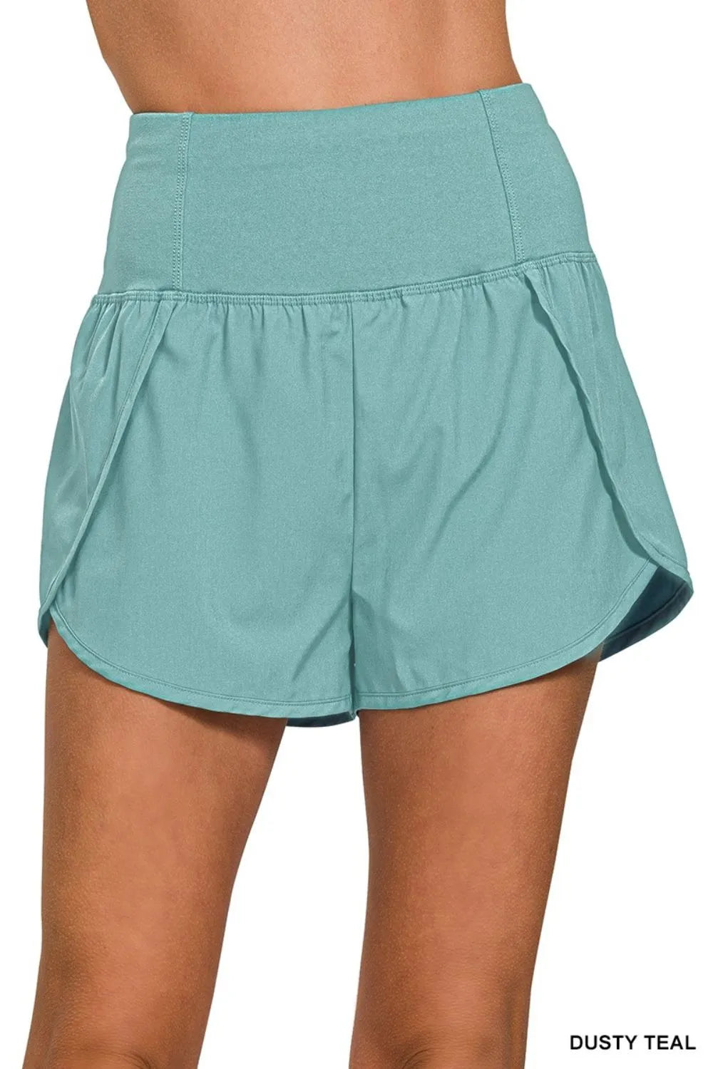 Zenana high waisted zippered back pocket running shorts in black with side pockets, ideal for athletic and casual wear.