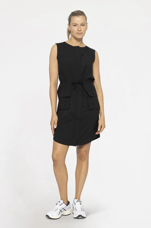 Black MONO B versatile drawstring waist tank dress with sleeveless design and relaxed fit, perfect for casual summer wear.