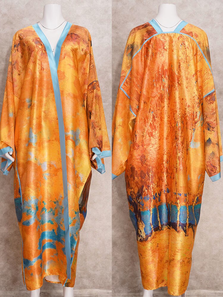 Gold Bohemian Printed Long Kimono Wrap Dress Bikini Cover-ups Summer Clothes Women Beach Wear Swim Suit Cover Up