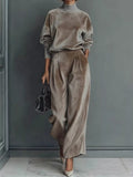 Velvet mock neck long sleeve top and wide-leg pants set by Trendsi, featuring a soft texture and elegant fit.
