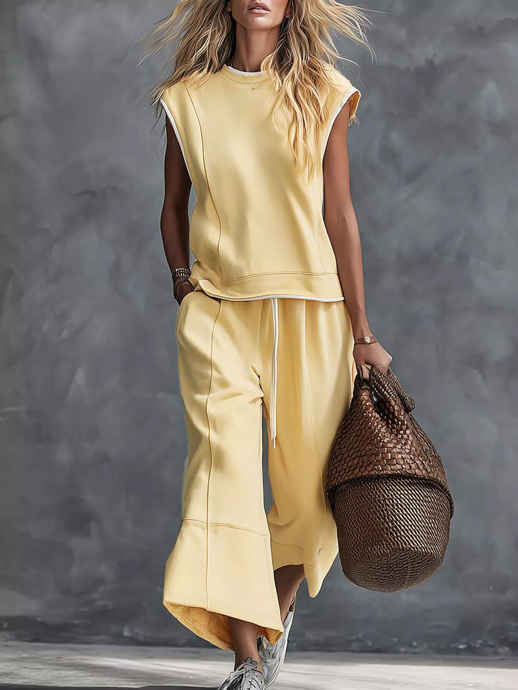 Sleeveless crew neck top and wide-leg cropped pants set by Trendsi, featuring a stylish, casual outfit with a relaxed fit.