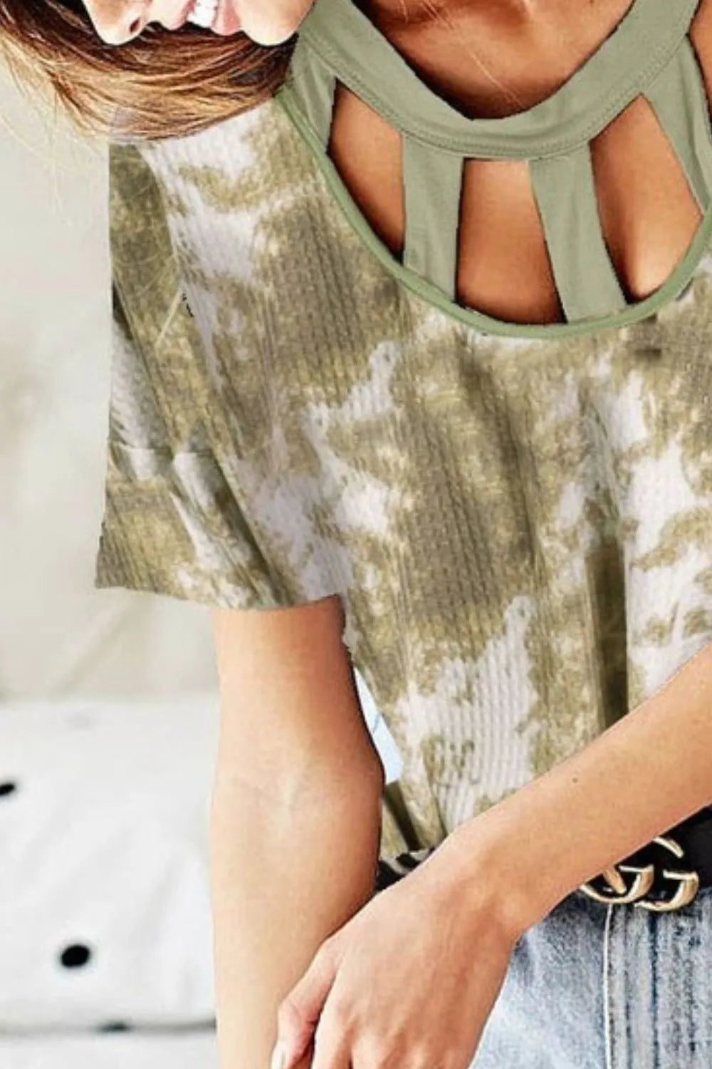 BiBi Tie Dye Print Waffle Top with contrast caged neckline, featuring a trendy design and textured fabric for casual style.