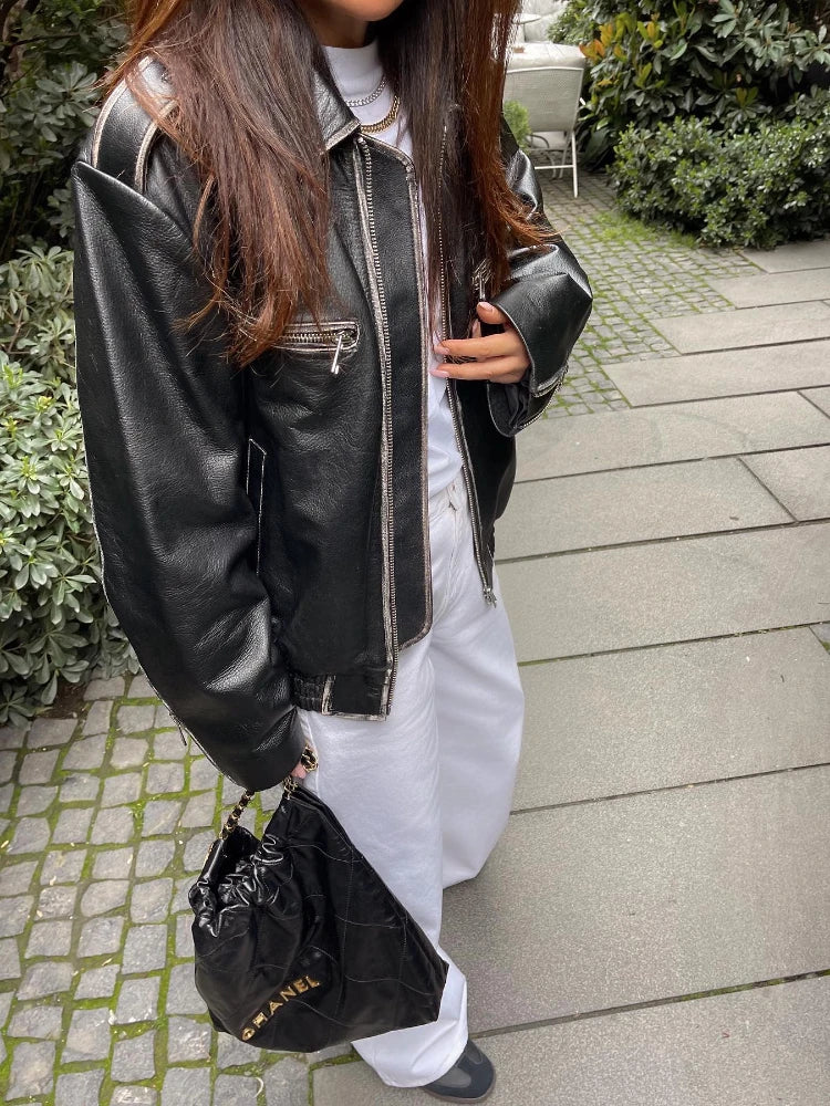 Women's black faux leather bomber jacket