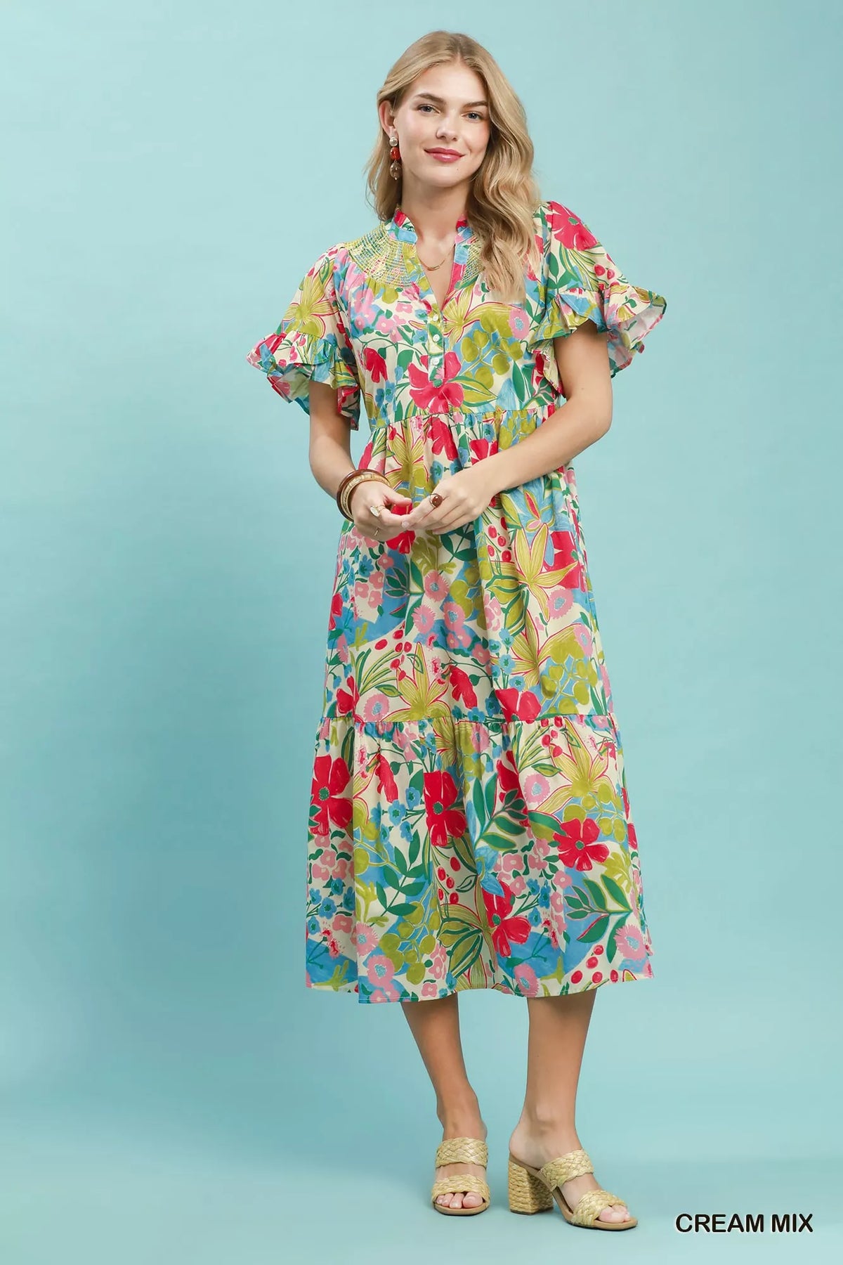 Umgee Tropical Floral Ruffle Sleeve Tiered Midi Dress with vibrant floral pattern and flowy ruffle sleeves.